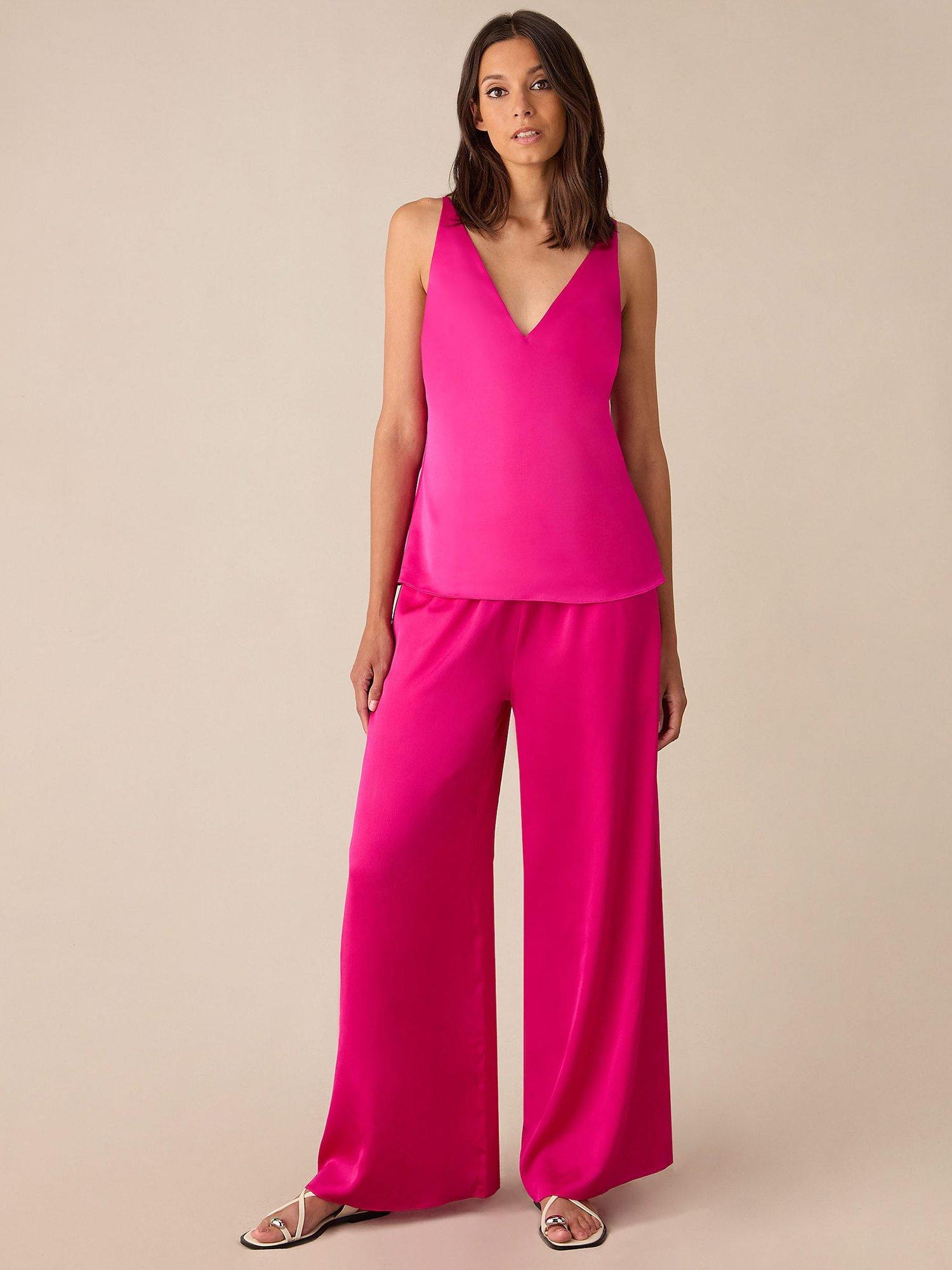 Product image 1 of 3, which shows Ro&Zo Satin Wide Leg Trousers, Pink, 6