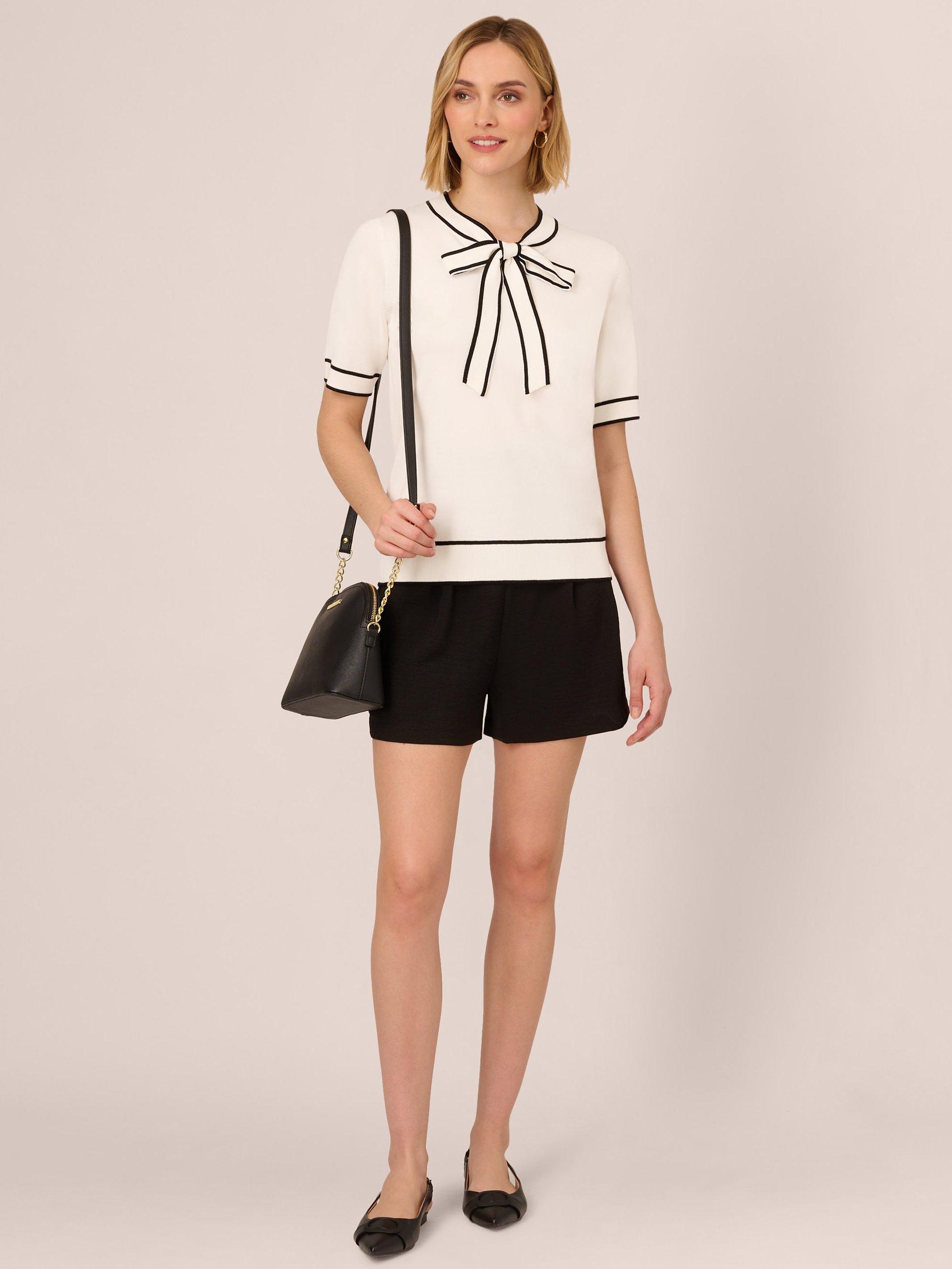 Product image 3 of 6, which shows Adrianna Papell Tie Neck Short Sleeve Jumper, Ivory/Black, XS