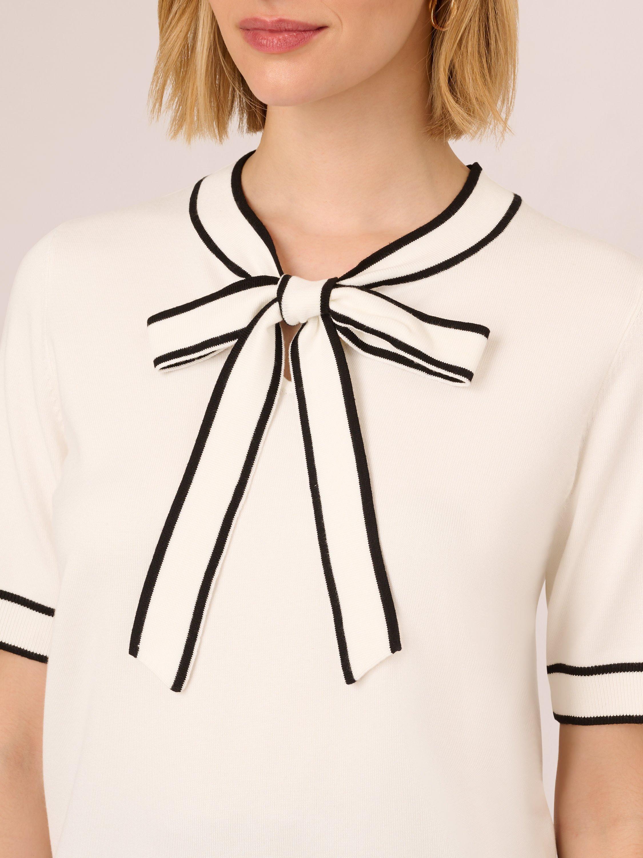 Product image 4 of 6, which shows Adrianna Papell Tie Neck Short Sleeve Jumper, Ivory/Black, XS