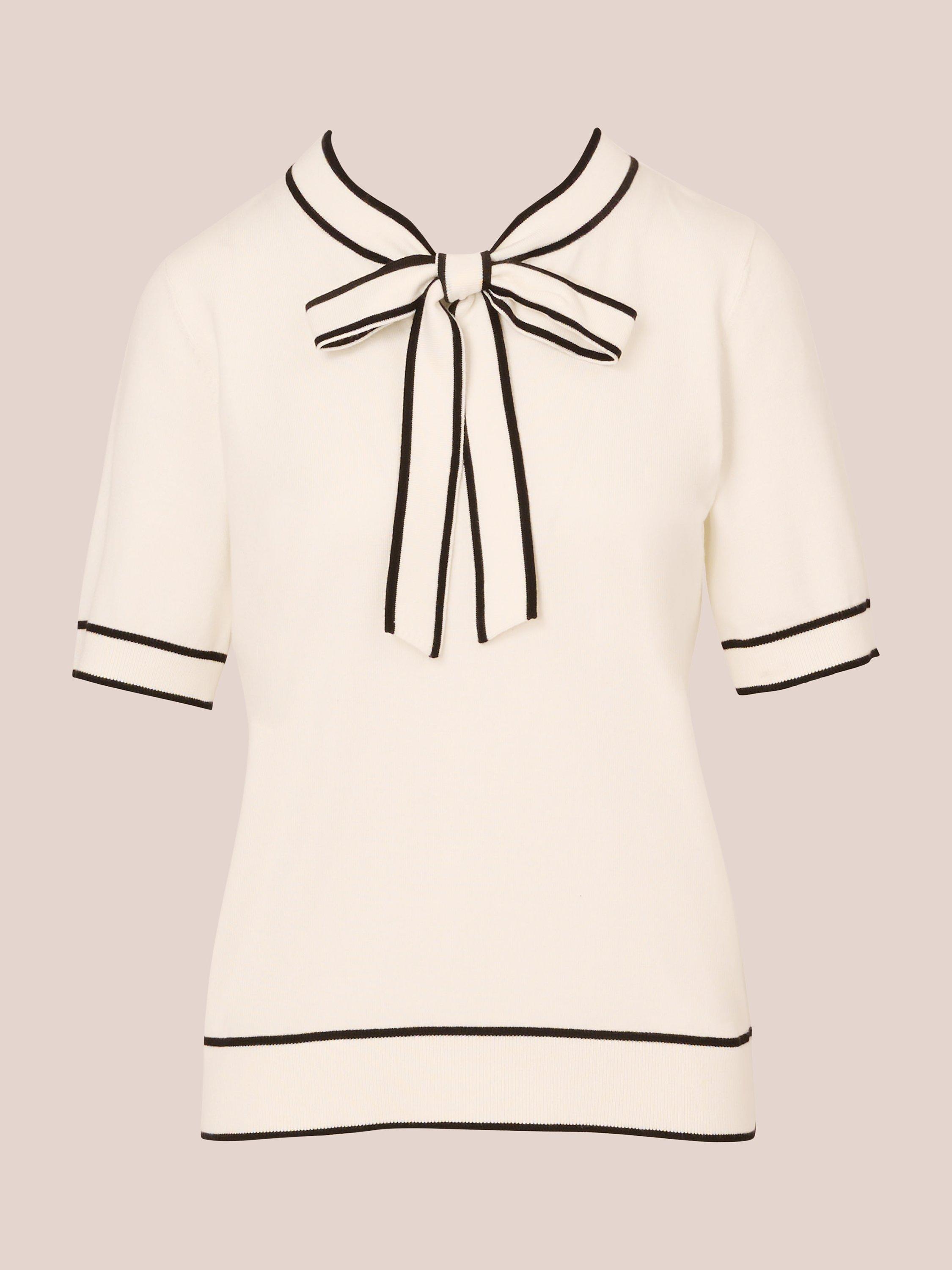 Product image 6 of 6, which shows Adrianna Papell Tie Neck Short Sleeve Jumper, Ivory/Black, XS