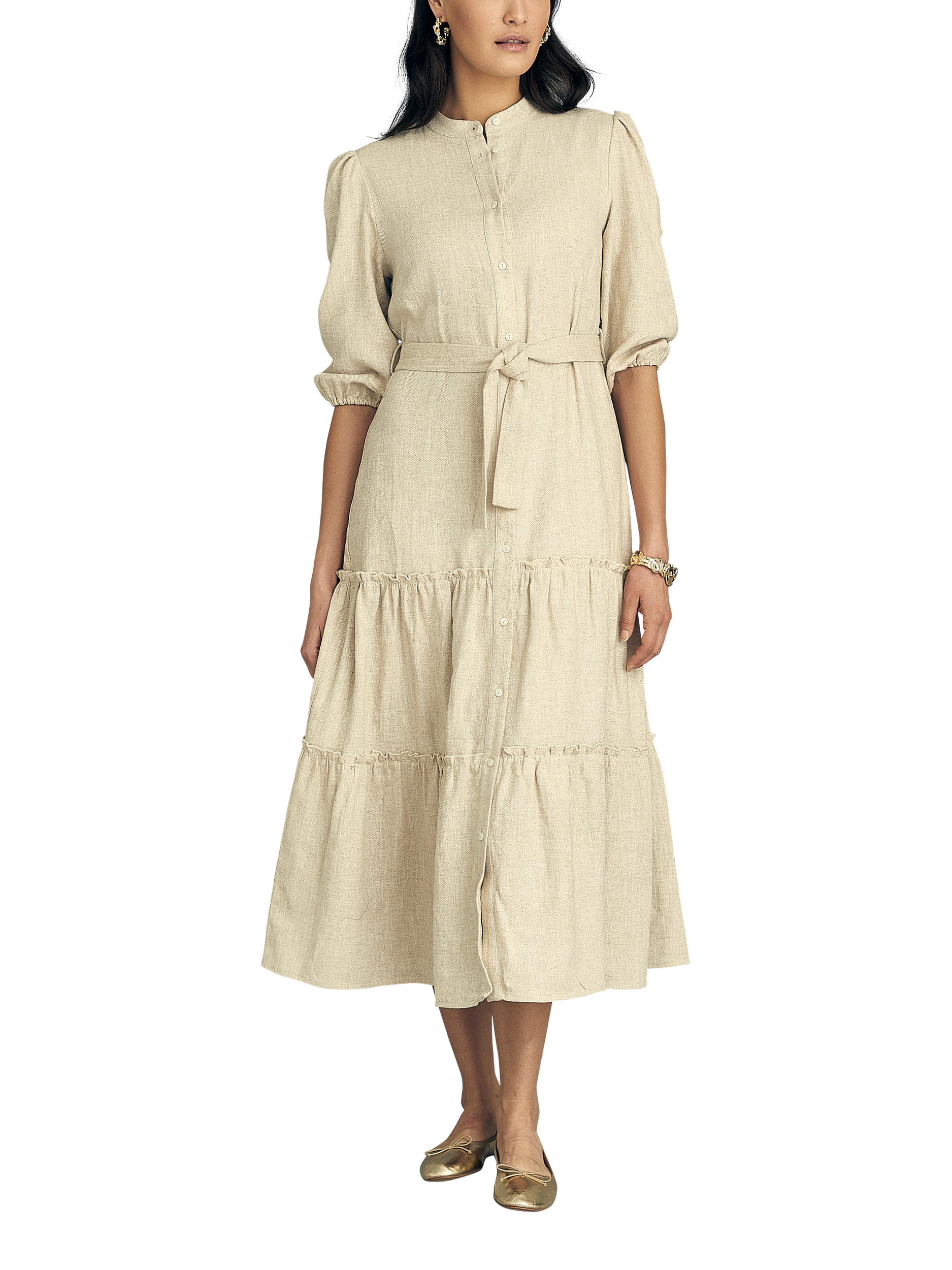 A VIEW Tiered Linen Blend Shirt Dress Light Sand