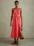 Reiss Liza Ruched Strap Cotton Midi Dress, Coral