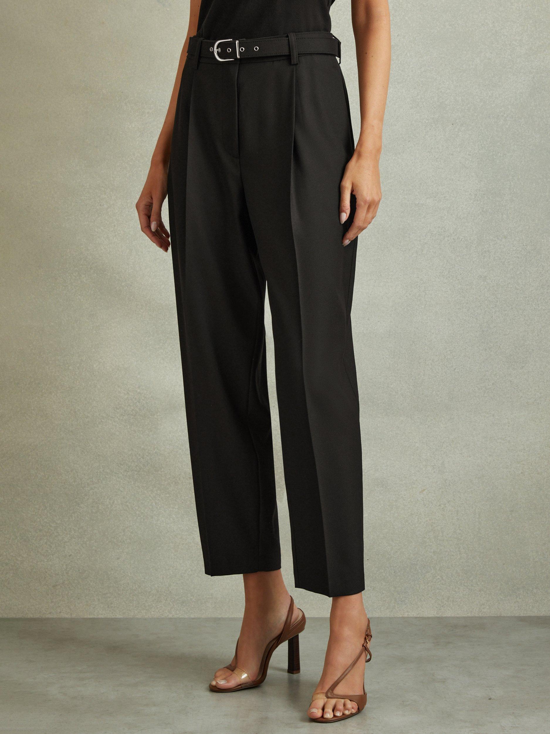 Product image 1 of 5, which shows Reiss Petite Freja Belted Tailored Trousers, Black, 10Pt