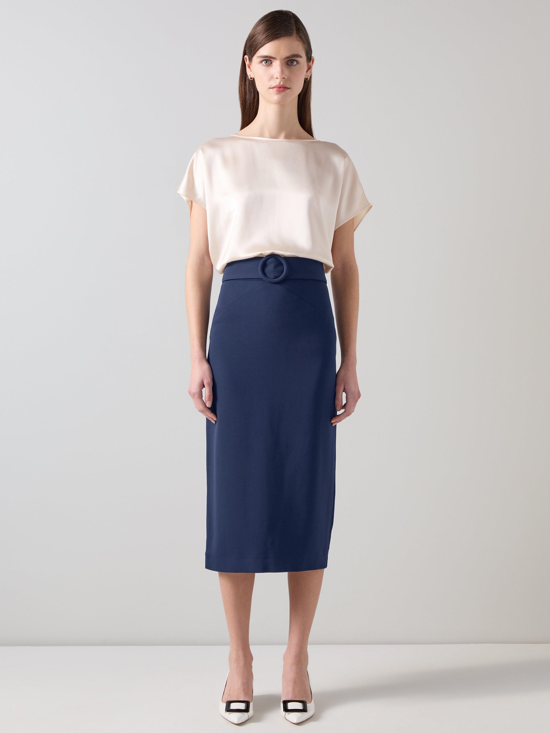 Product image 1 of 5, which shows L.K.Bennett Klaudia Belted Skirt, Navy, 20