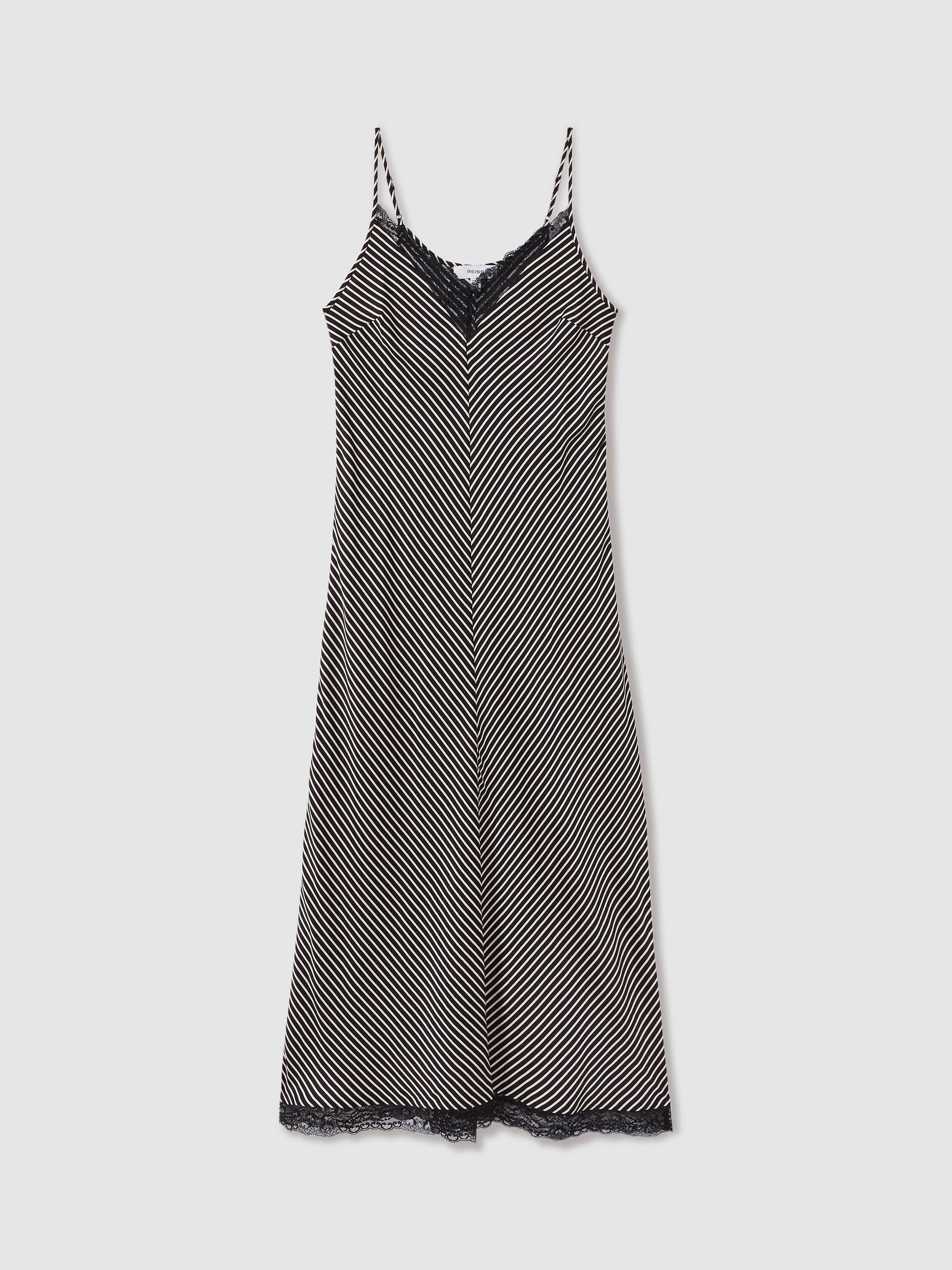 Product image 3 of 5, which shows Reiss Camilla Lace Trim Stripe Slip Maxi Dress, Black/White, 8