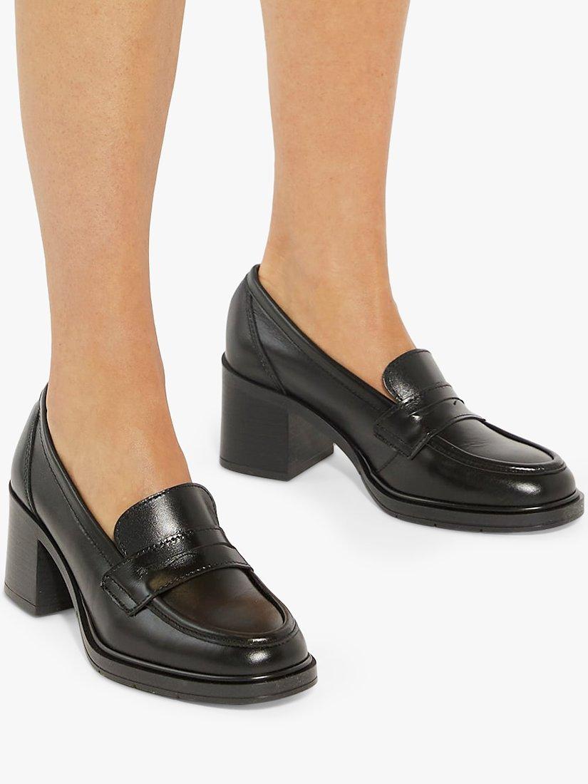 Dune Grateful Leather Block Heel Penny Loafers, Black, 8