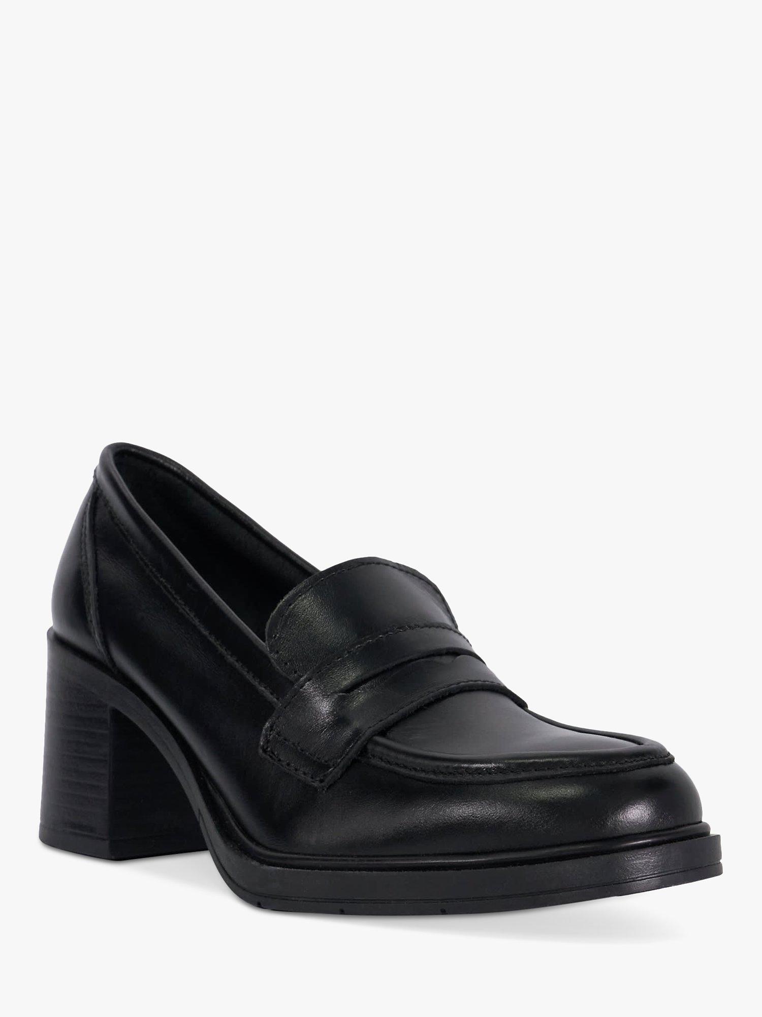 Dune Grateful Leather Block Heel Penny Loafers, Black, 8