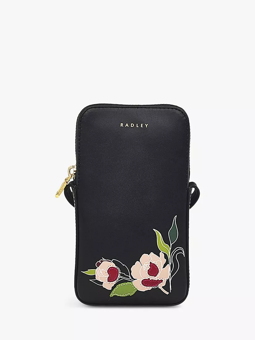 Radley Wild Roses Leather Phone Cross Body Bag Black