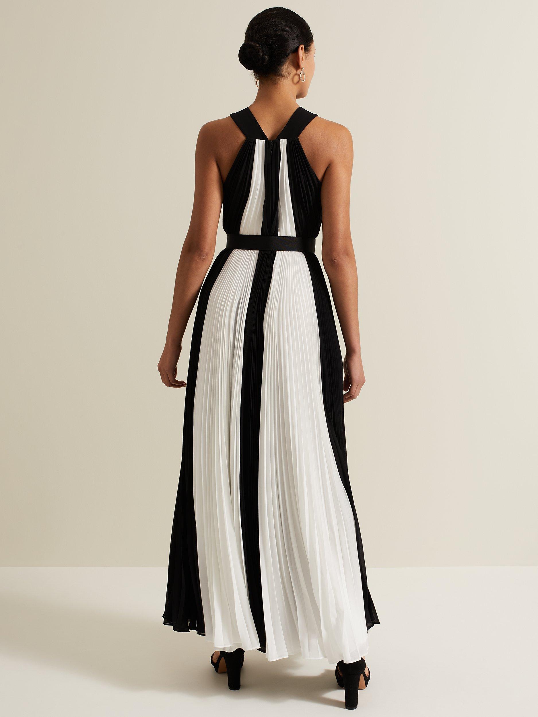 Product image 2 of 9, which shows Phase Eight Taylor Monochrome Stripe Pleated Maxi Dress, Black/Ivory, 6