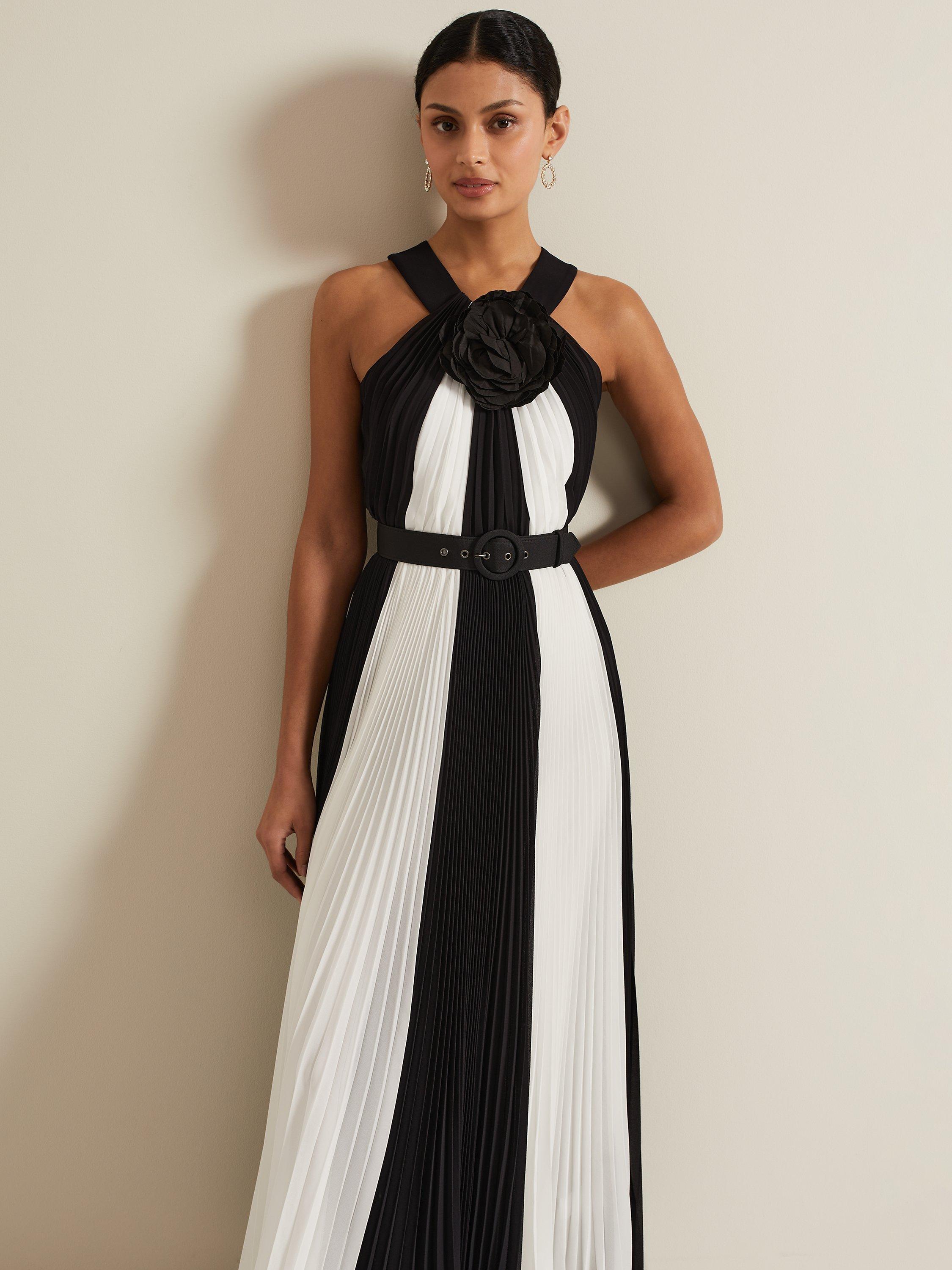 Product image 3 of 9, which shows Phase Eight Taylor Monochrome Stripe Pleated Maxi Dress, Black/Ivory, 6