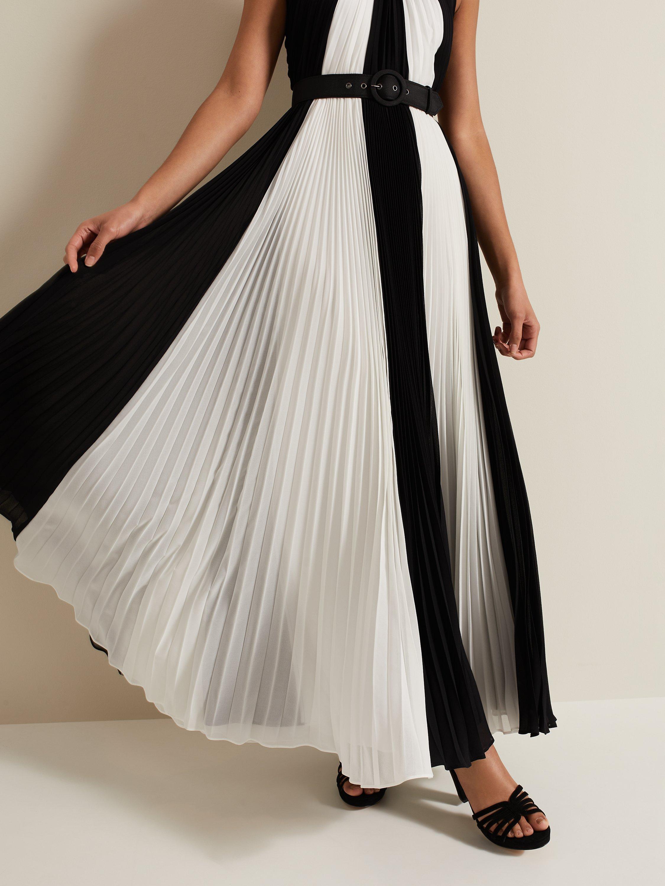 Product image 7 of 9, which shows Phase Eight Taylor Monochrome Stripe Pleated Maxi Dress, Black/Ivory, 6