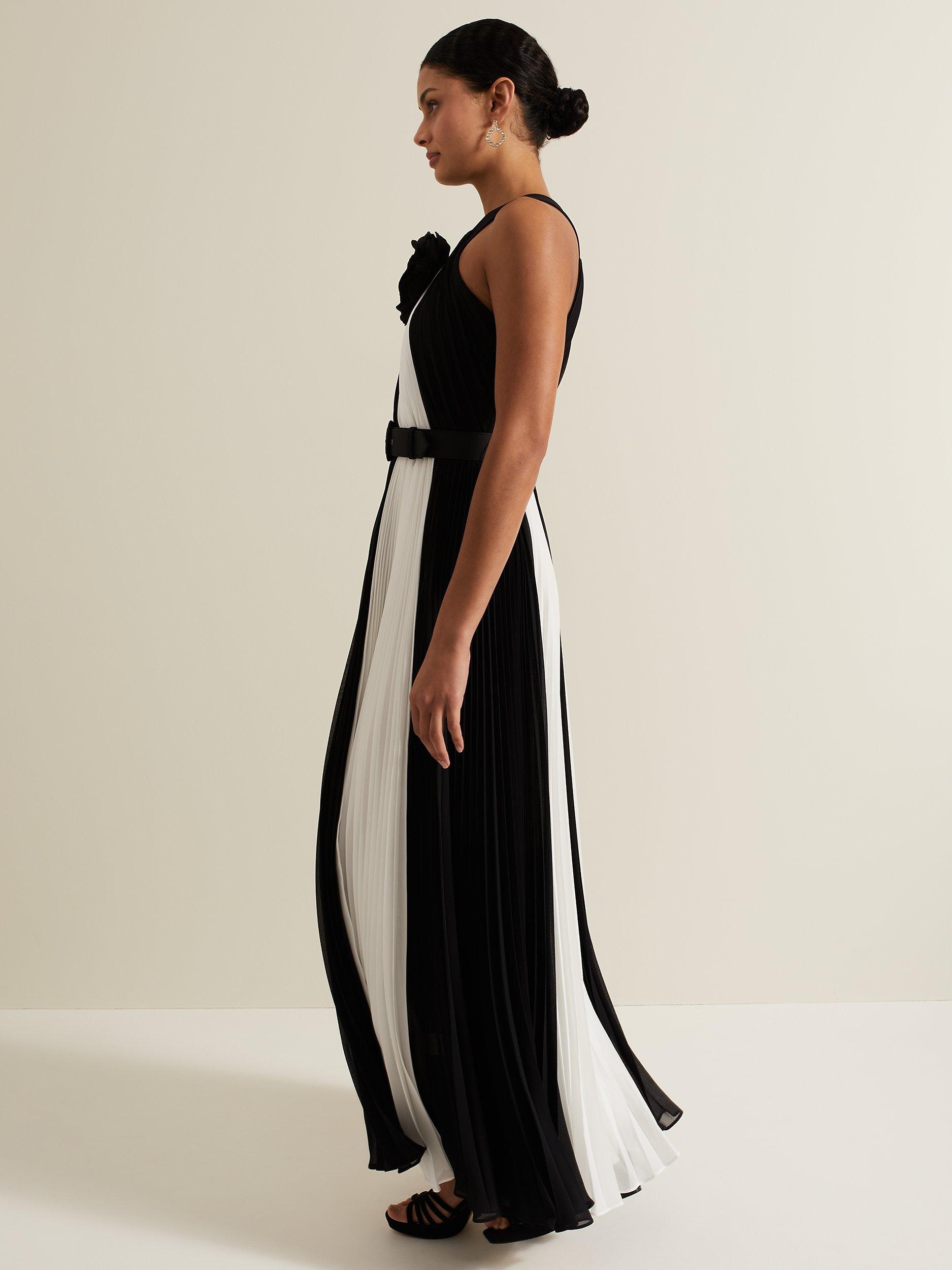 Product image 9 of 9, which shows Phase Eight Taylor Monochrome Stripe Pleated Maxi Dress, Black/Ivory, 6