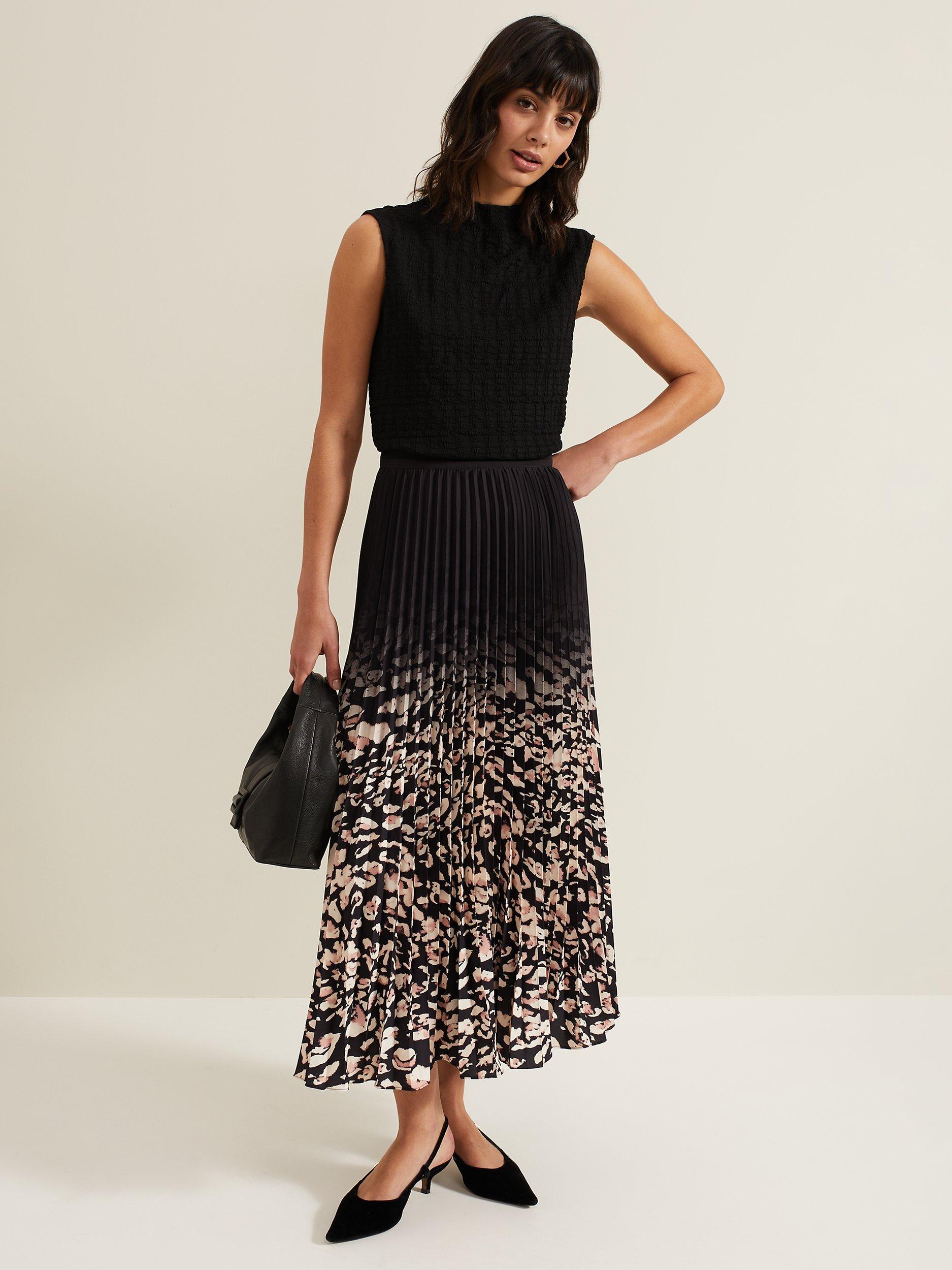 Product image 3 of 9, which shows Phase Eight Elmina Pleated Skirt, Natural/Black, 16