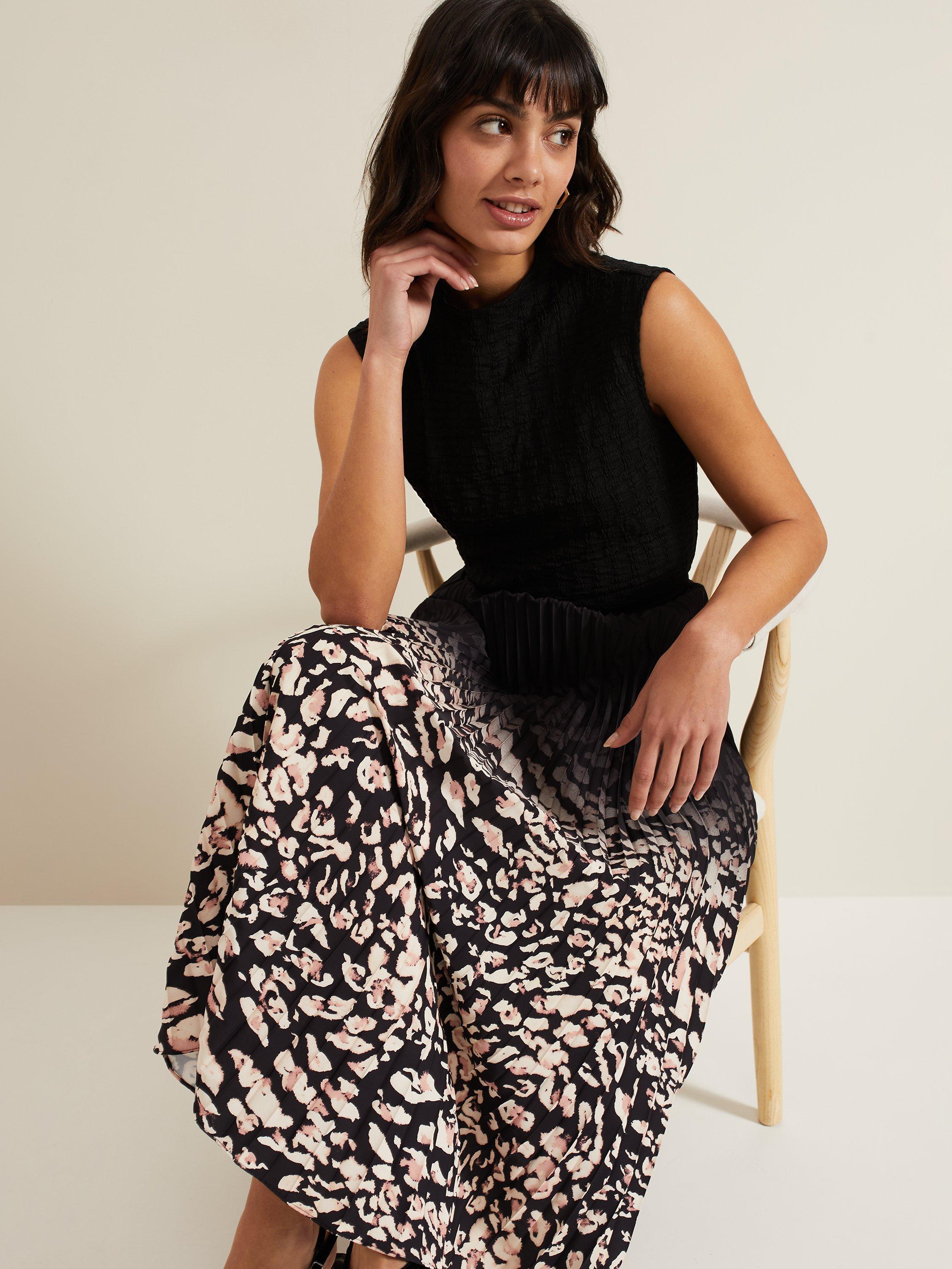 Product image 4 of 9, which shows Phase Eight Elmina Pleated Skirt, Natural/Black, 16