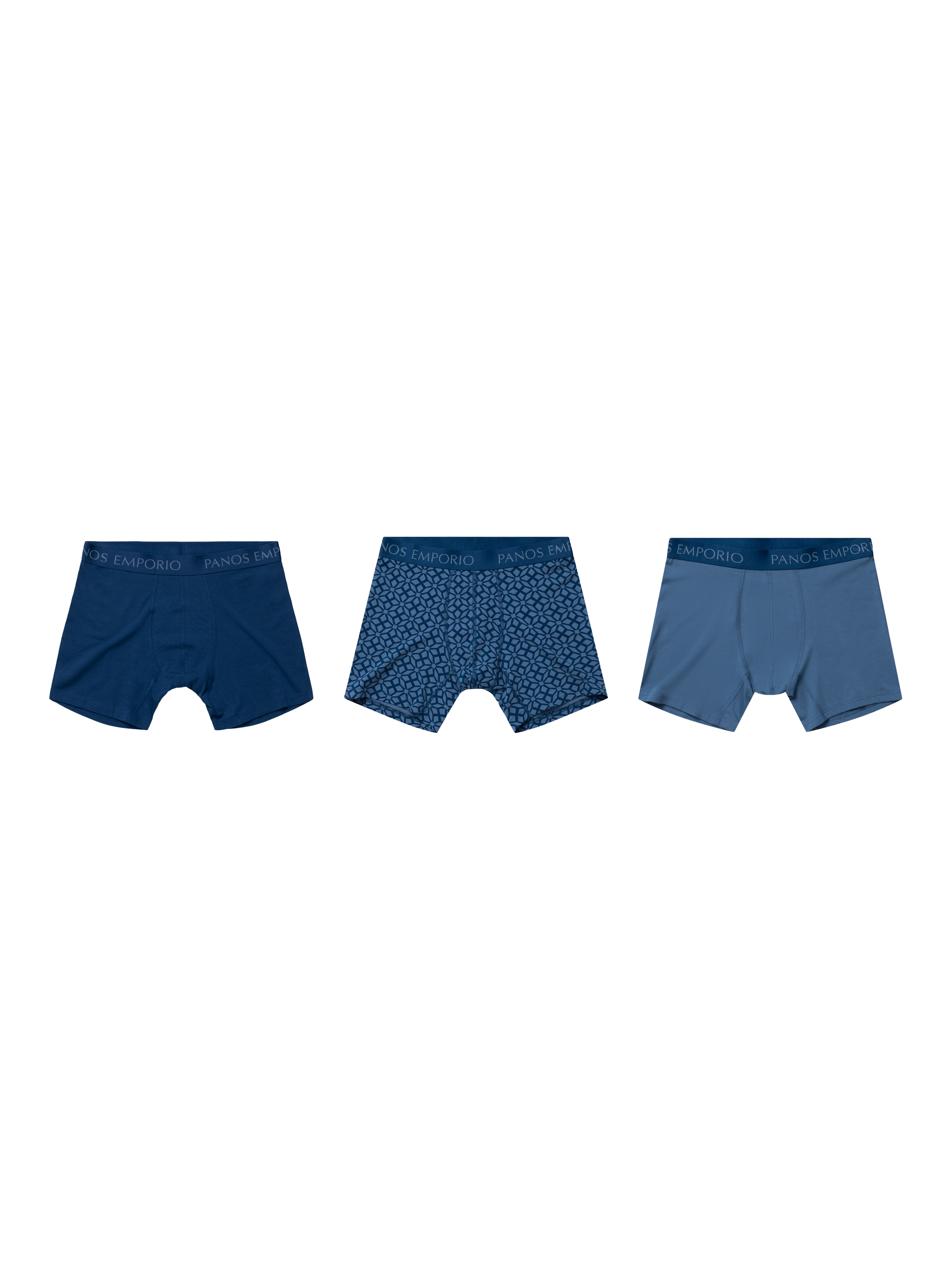 Product image 1 of 4, which shows Panos Emporio Eco Bamboo and Organic Cotton Blend Trunks, Pack of 3, Blue Stone, S