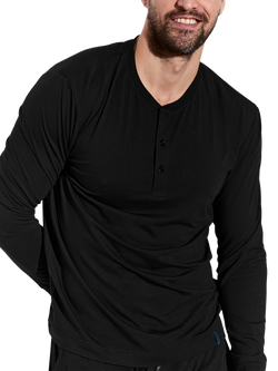 Panos Emporio Henley Bamboo Cotton Mix Lounge Top, Black, Black
