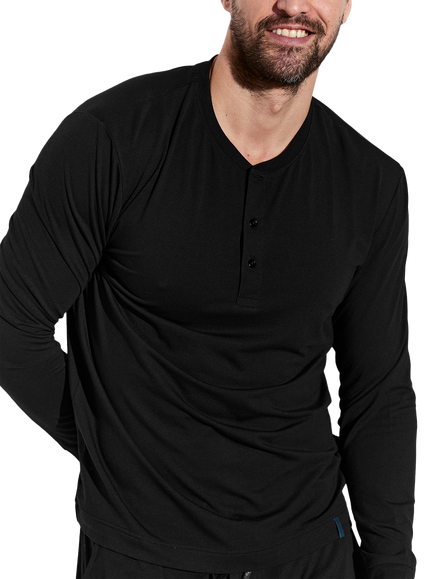 Panos Emporio Henley Bamboo Cotton Mix Lounge Top, Black, Black