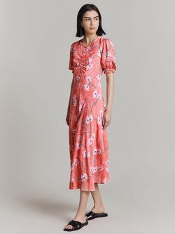 Ghost Lainey Floral Print Puff Sleeve Midi Dress, Pink/Multi