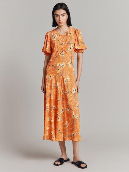 Ghost Lainey Floral Print Puff Sleeve Midi Dress, Orange/Multi