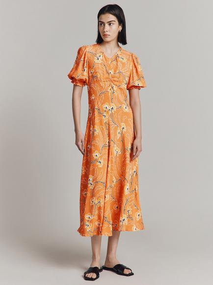 Ghost Lainey Floral Print Puff Sleeve Midi Dress - view 2, Orange/Multi