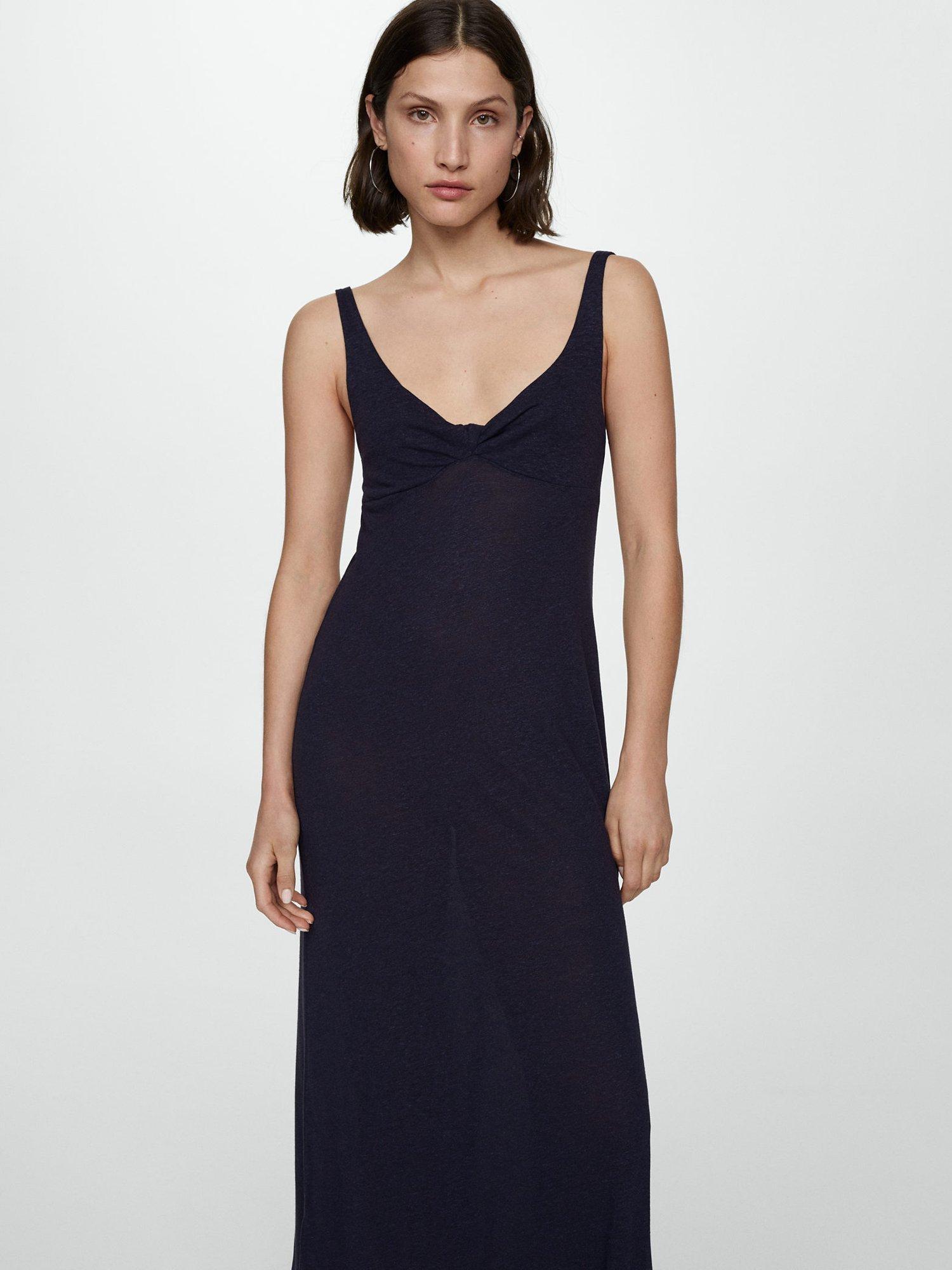 Product image 1 of 3, which shows Mango Tea Knot Front Linen Blend Dress, Navy, 10