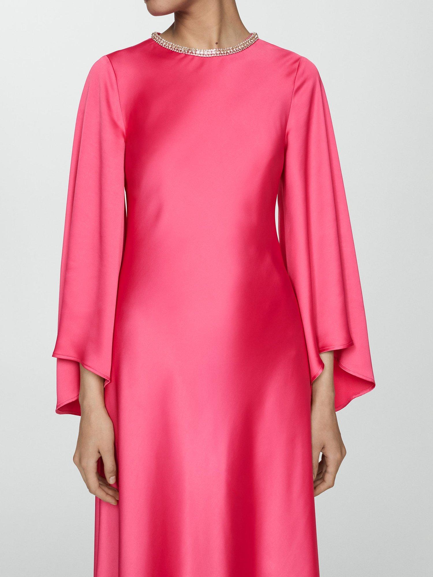 Mango Rosalin Flared Sleeve Satin Dress, Pink, 10