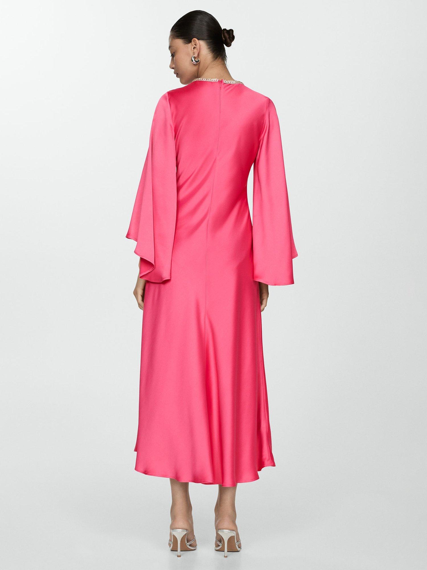 Mango Rosalin Flared Sleeve Satin Dress, Pink, 10