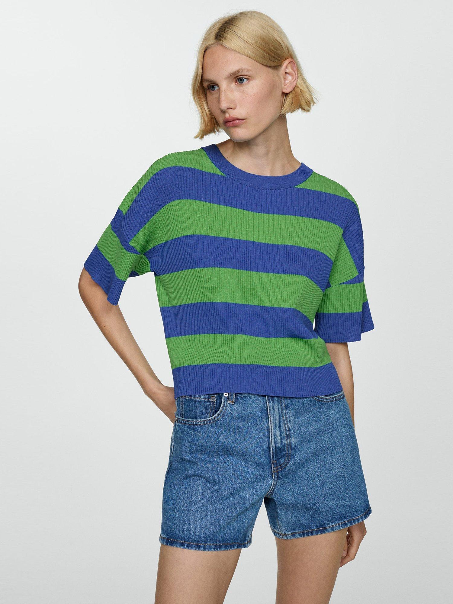 Mango Gabi Stripe Rib Knit Top, Blue/Green