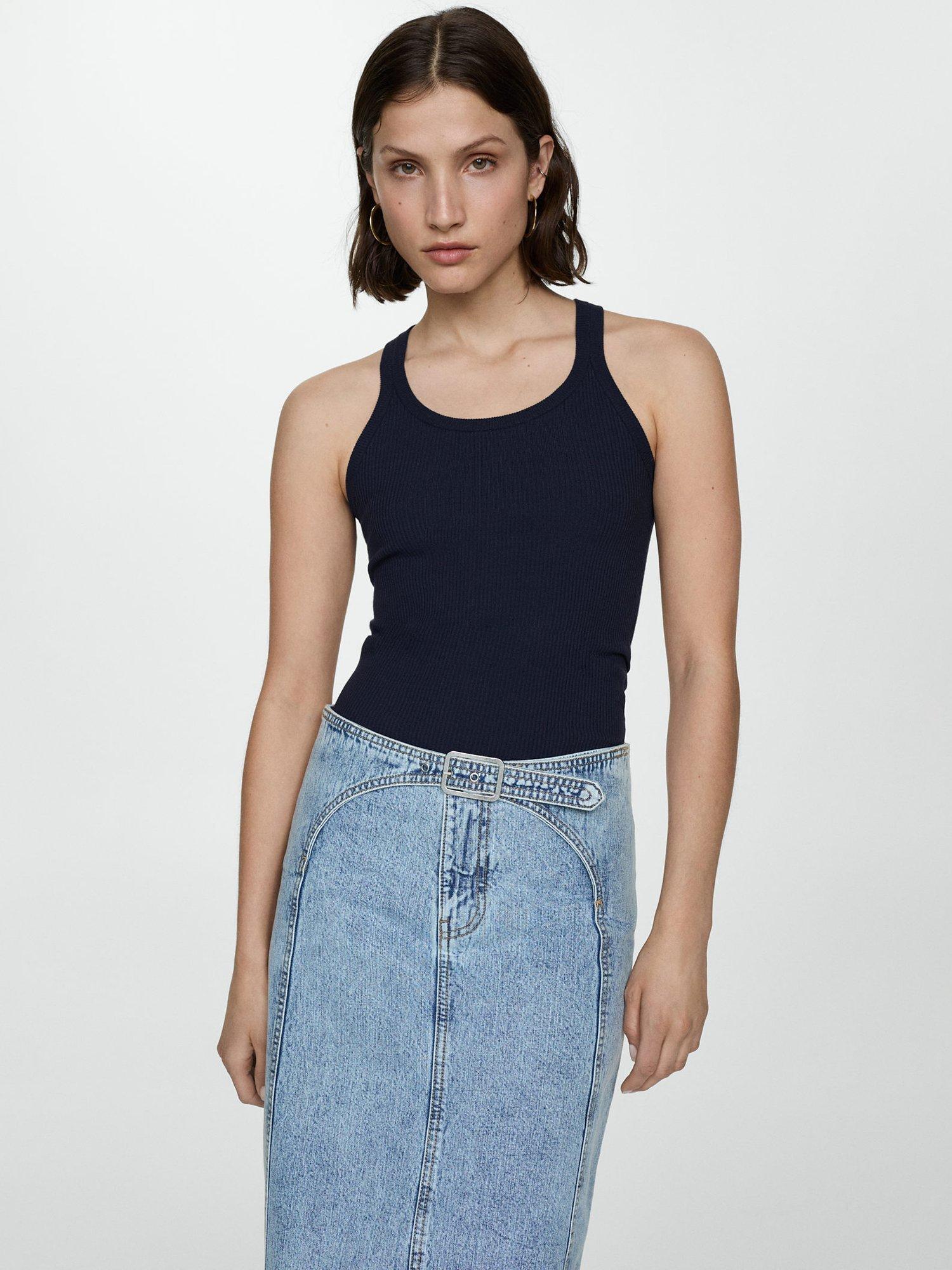 Mango Riri Ribbed Vest Top, Navy