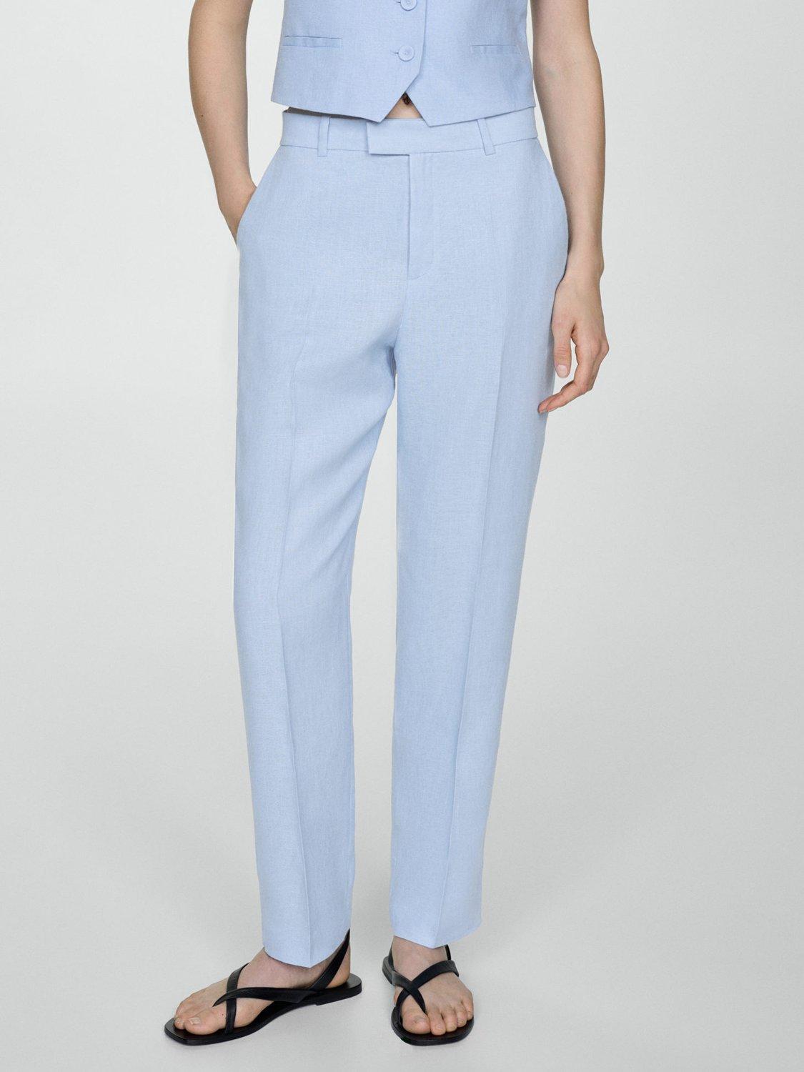 Mango Boreli Linen Tailored Trousers, Light Blue