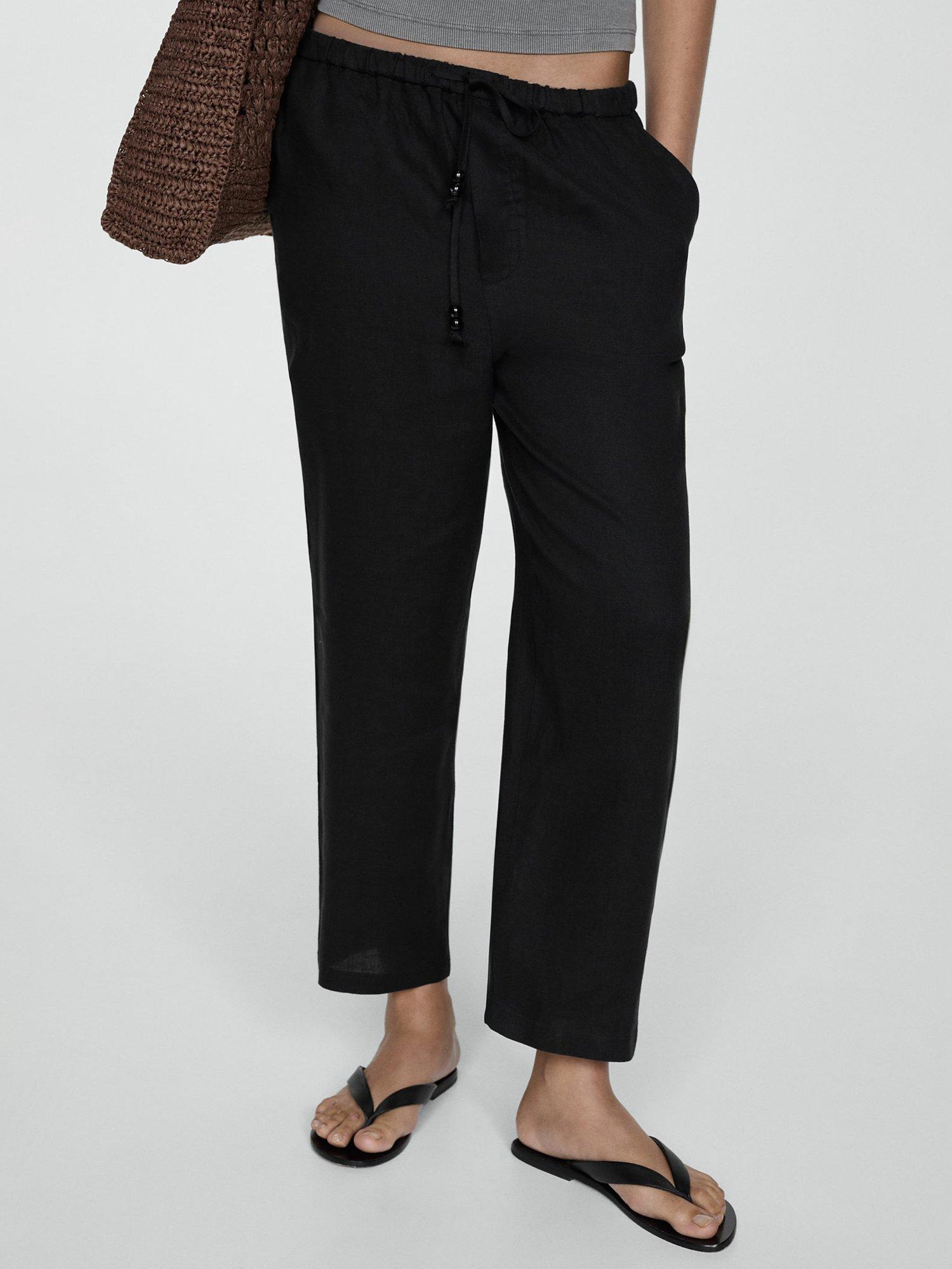 Mango Linen Trousers, Black