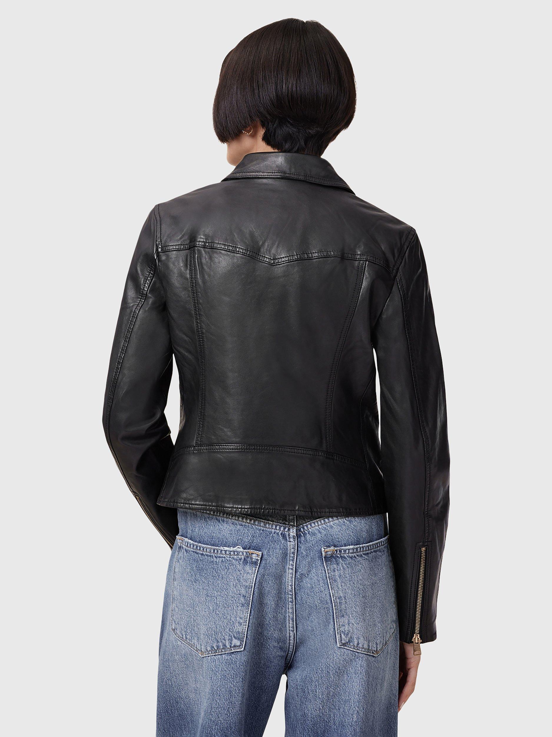 Product image 2 of 7, which shows AllSaints Vela Leather Biker Jacket, Black/Gold, 10