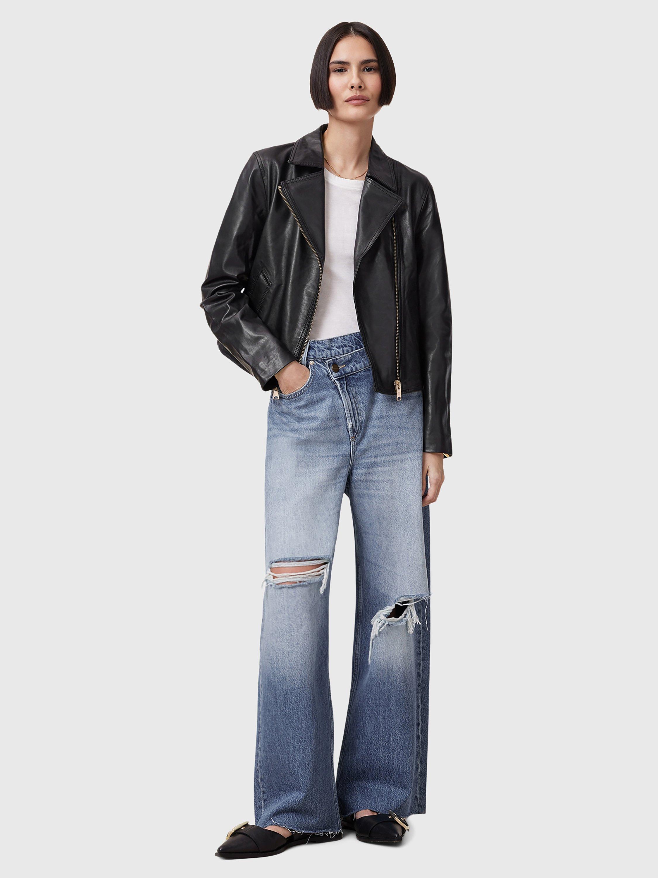 Product image 3 of 7, which shows AllSaints Vela Leather Biker Jacket, Black/Gold, 10