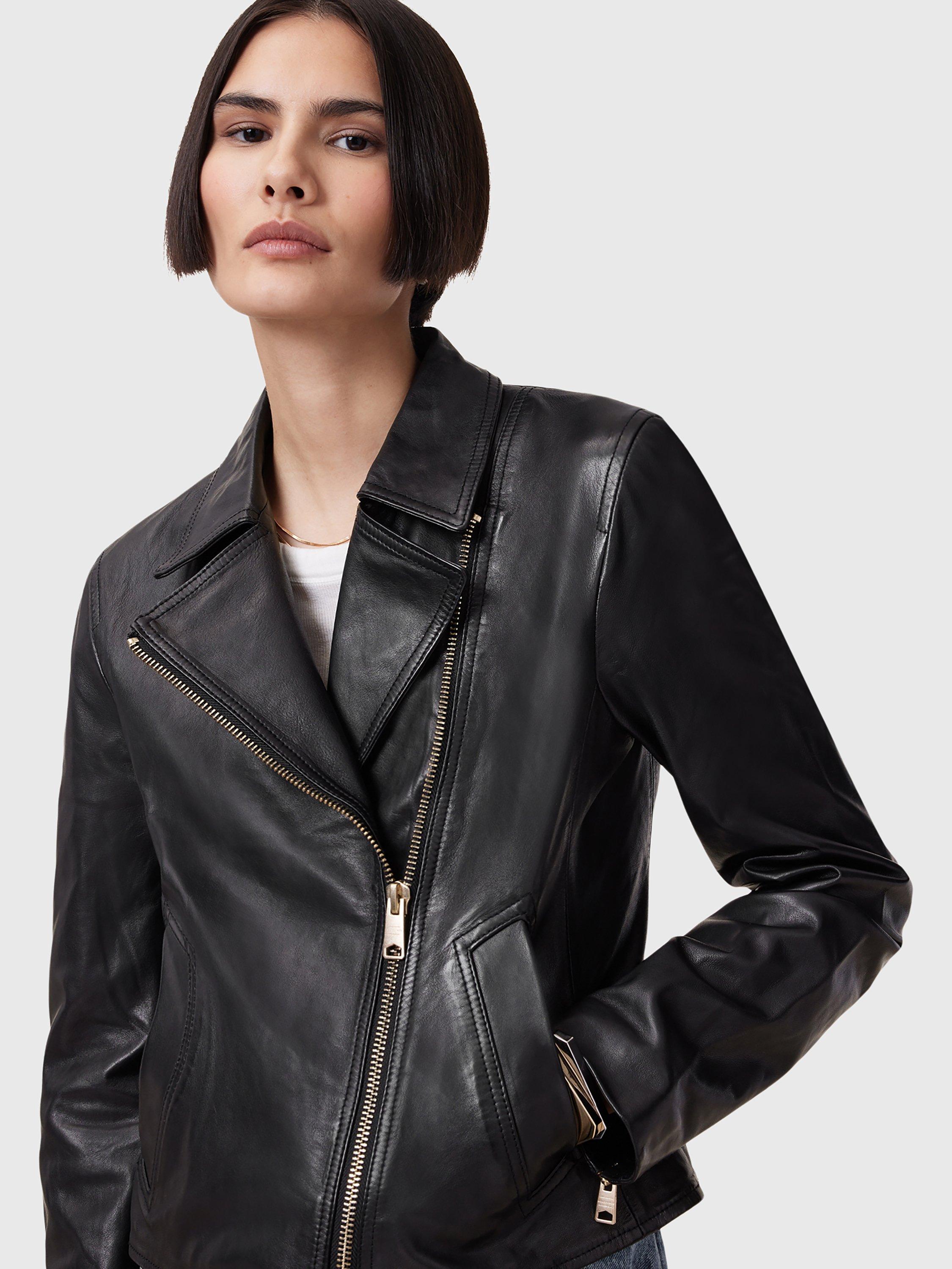 Product image 5 of 7, which shows AllSaints Vela Leather Biker Jacket, Black/Gold, 10