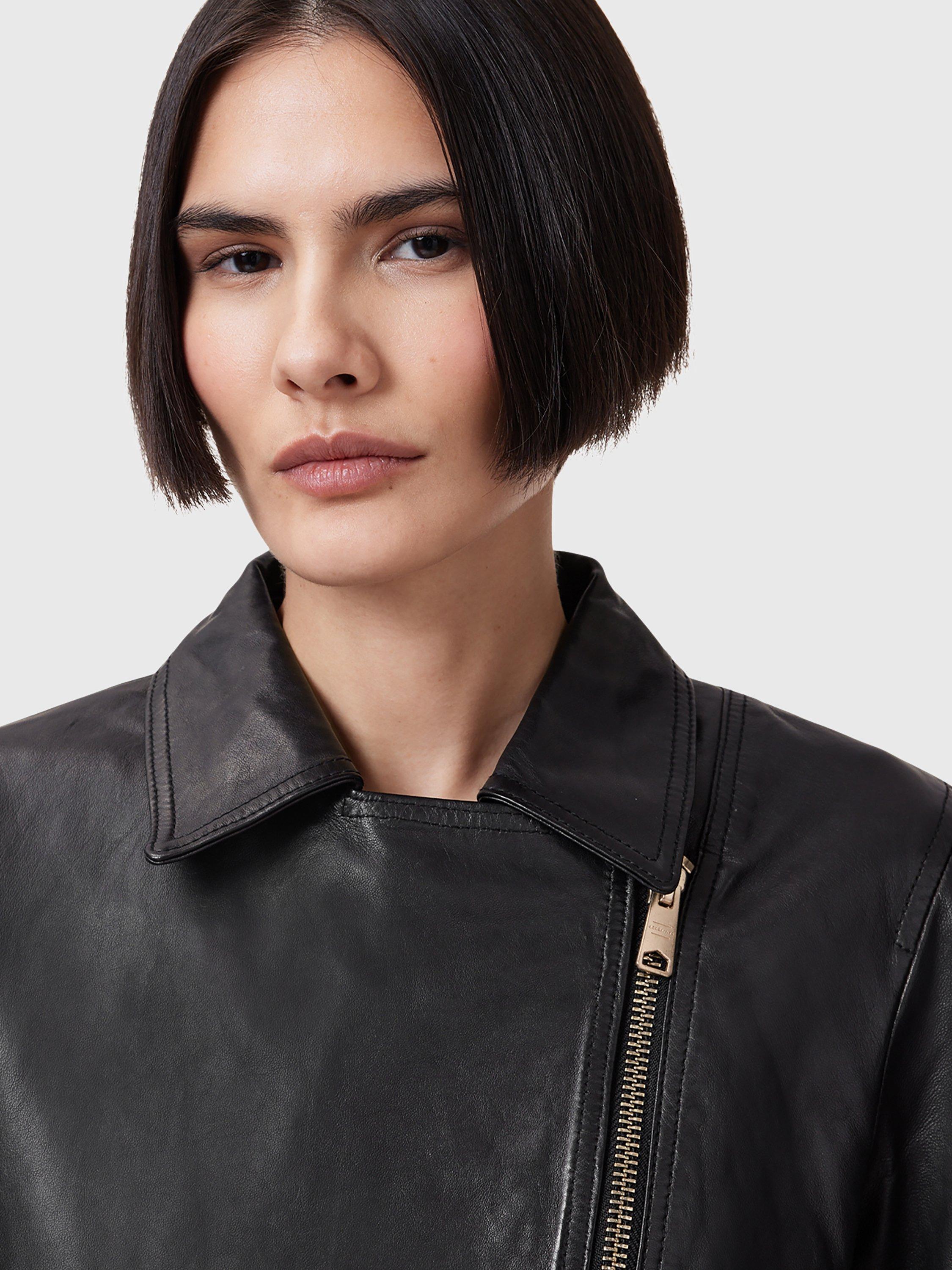 Product image 6 of 7, which shows AllSaints Vela Leather Biker Jacket, Black/Gold, 10