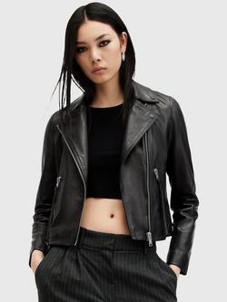 AllSaints Dalby Leather Biker Jacket, Black/Silver