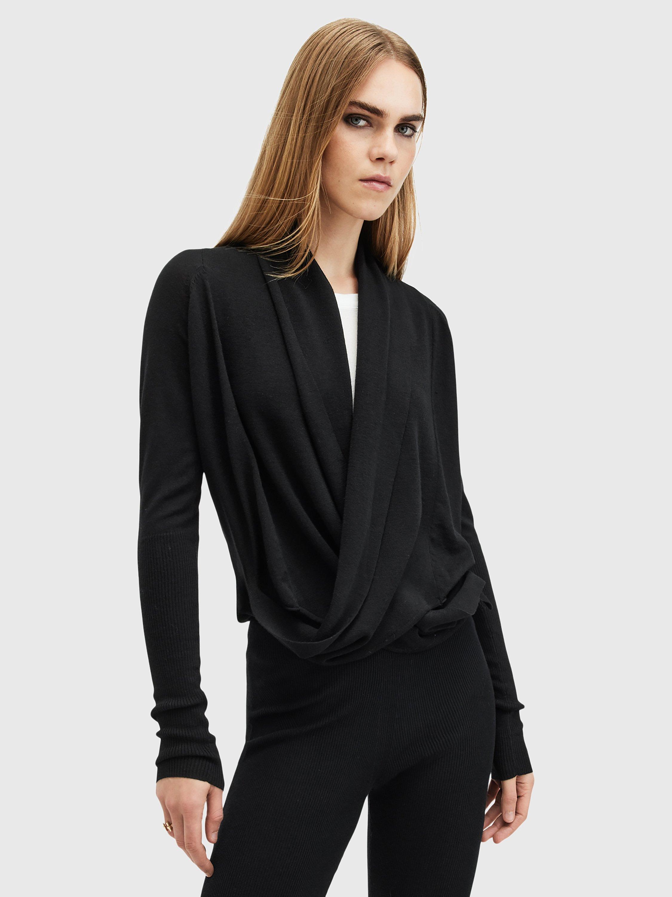 Product image 1 of 8, which shows AllSaints Wasson Tie Front Wool Cardigan, Black, XS