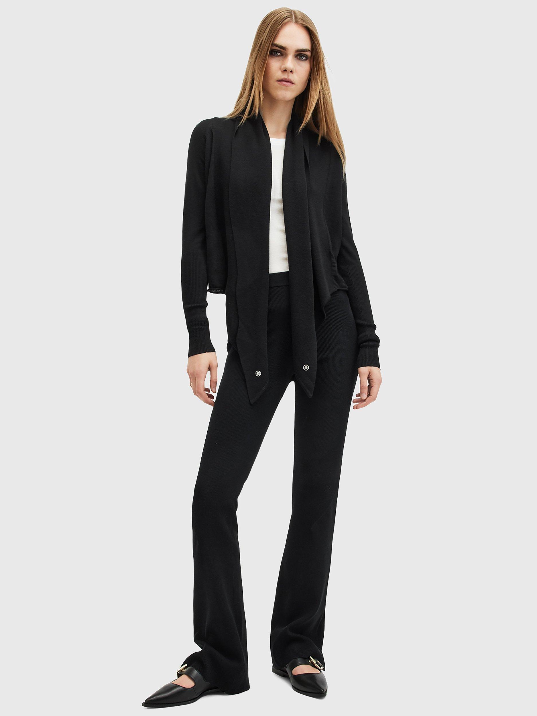 Product image 3 of 8, which shows AllSaints Wasson Tie Front Wool Cardigan, Black, XS