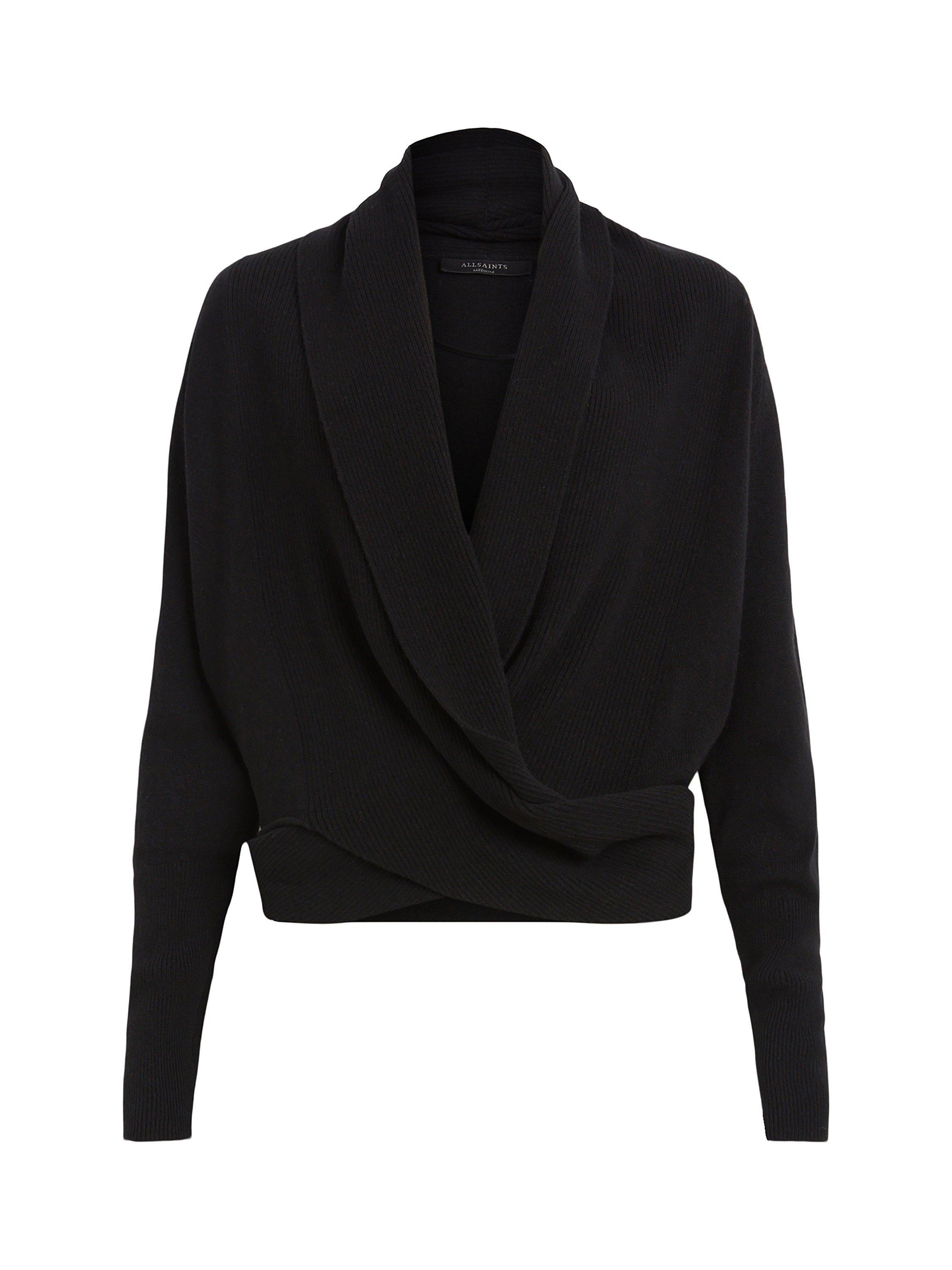 Product image 4 of 8, which shows AllSaints Wasson Tie Front Wool Cardigan, Black, XS