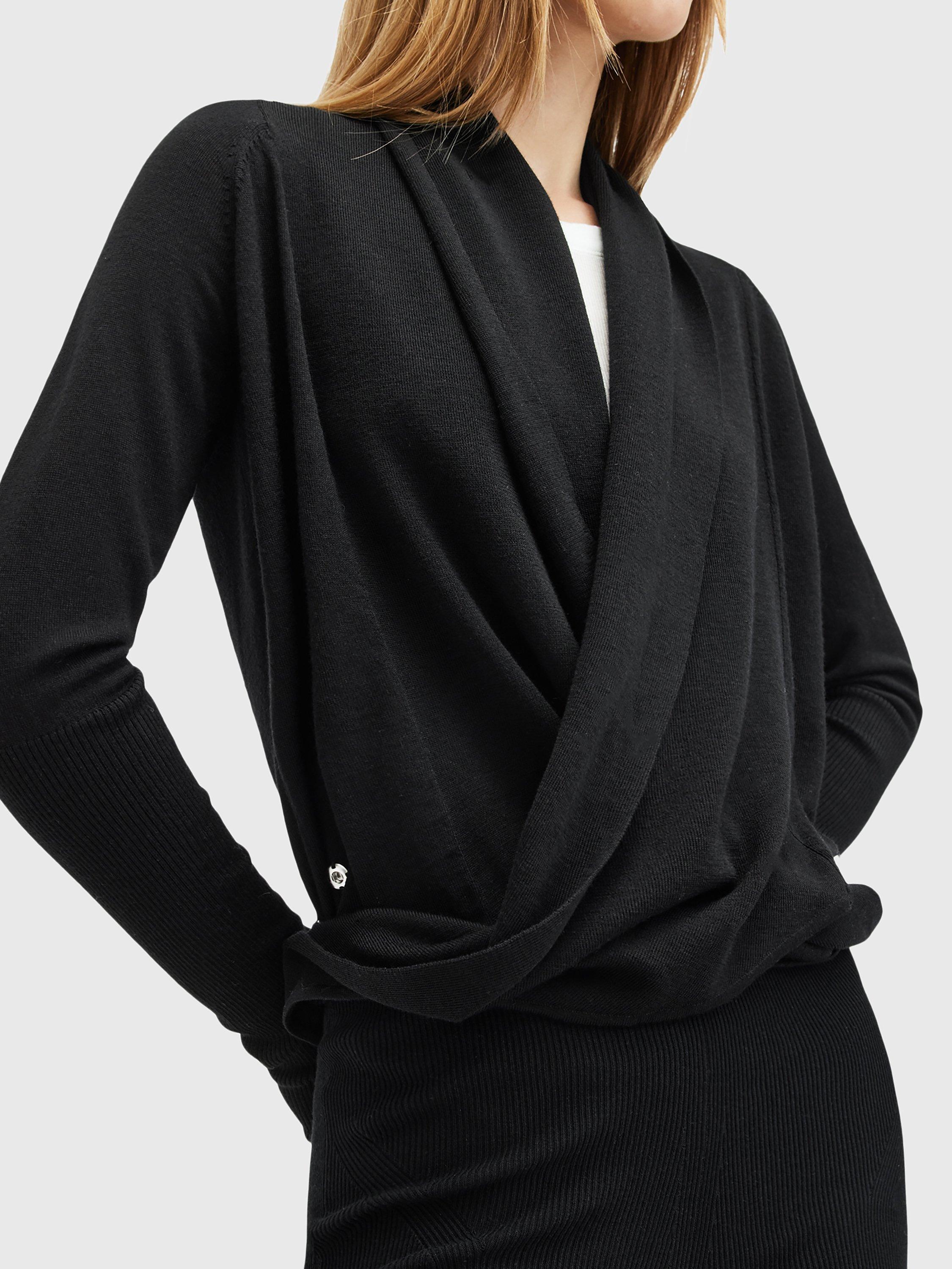 Product image 5 of 8, which shows AllSaints Wasson Tie Front Wool Cardigan, Black, XS