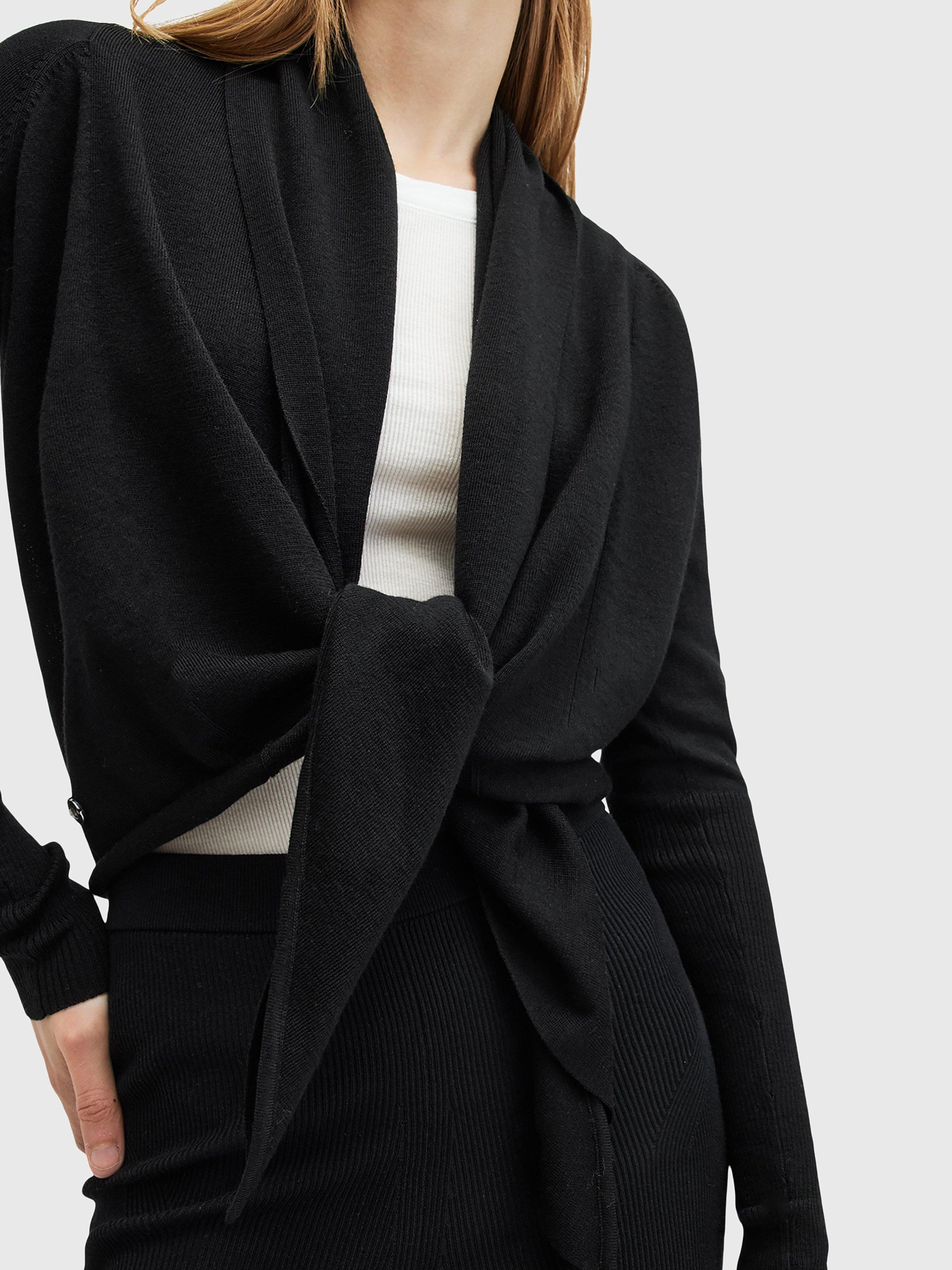 Product image 6 of 8, which shows AllSaints Wasson Tie Front Wool Cardigan, Black, XS