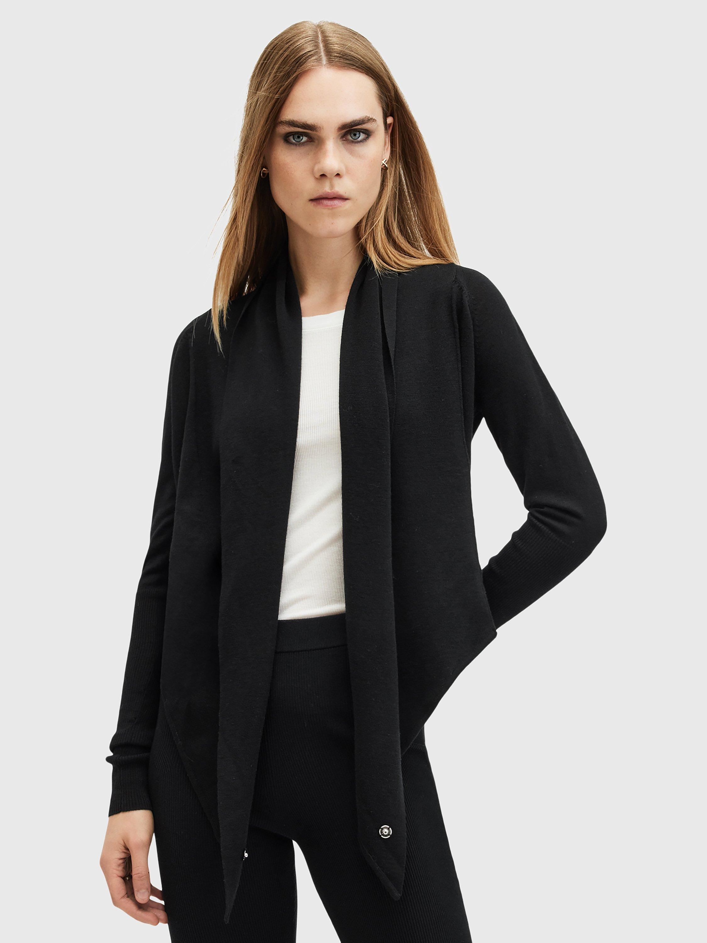Product image 7 of 8, which shows AllSaints Wasson Tie Front Wool Cardigan, Black, XS