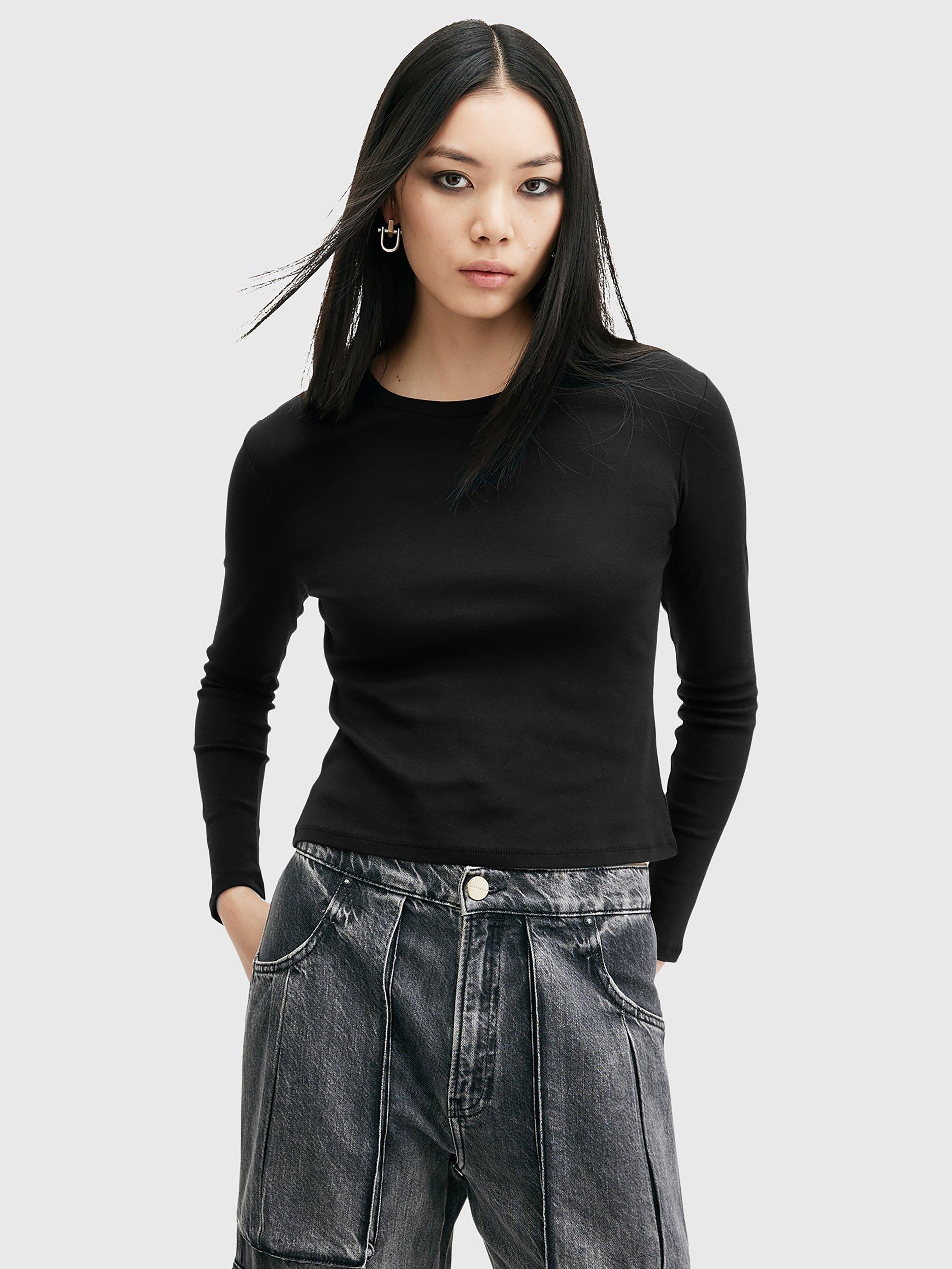 Product image 1 of 6, which shows AllSaints Stevie Organic Cotton Long Sleeve Top, Black, XL