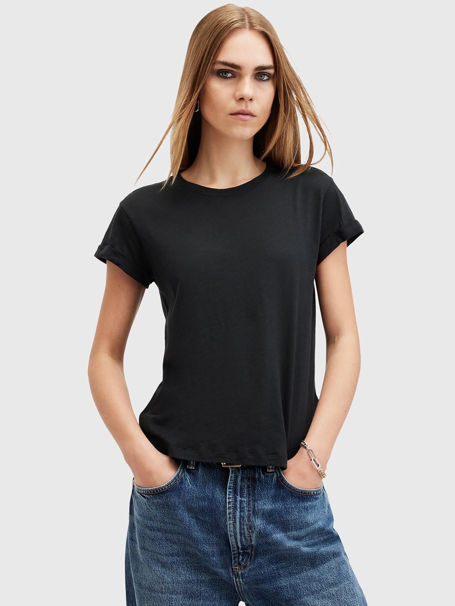Product image 1 of 6, which shows AllSaints Anna Organic Cotton Crew Neck Short Sleeve T-Shirt, Black, L