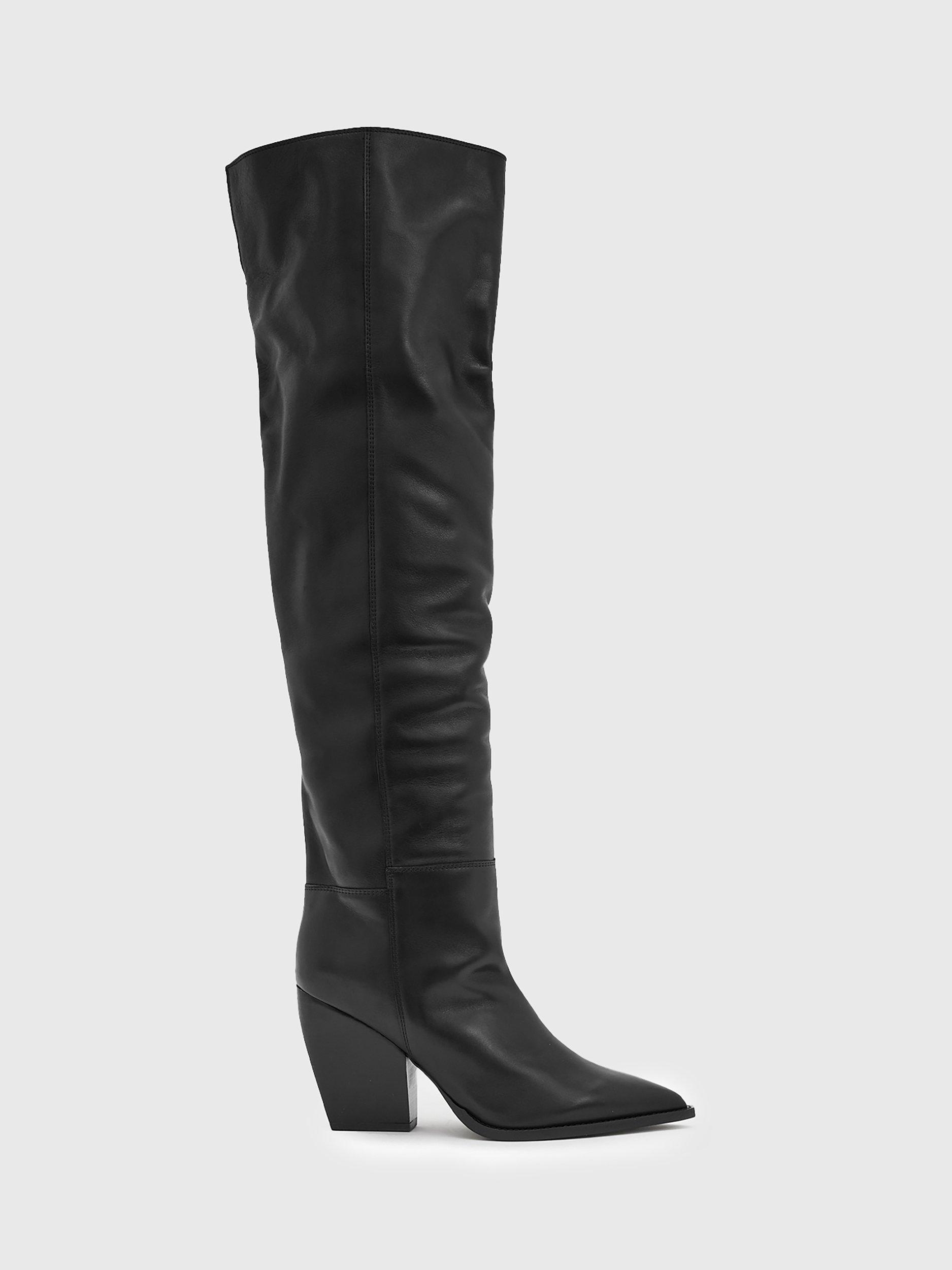 AllSaints Reina Leather Pointed Over The Knee Boots Black