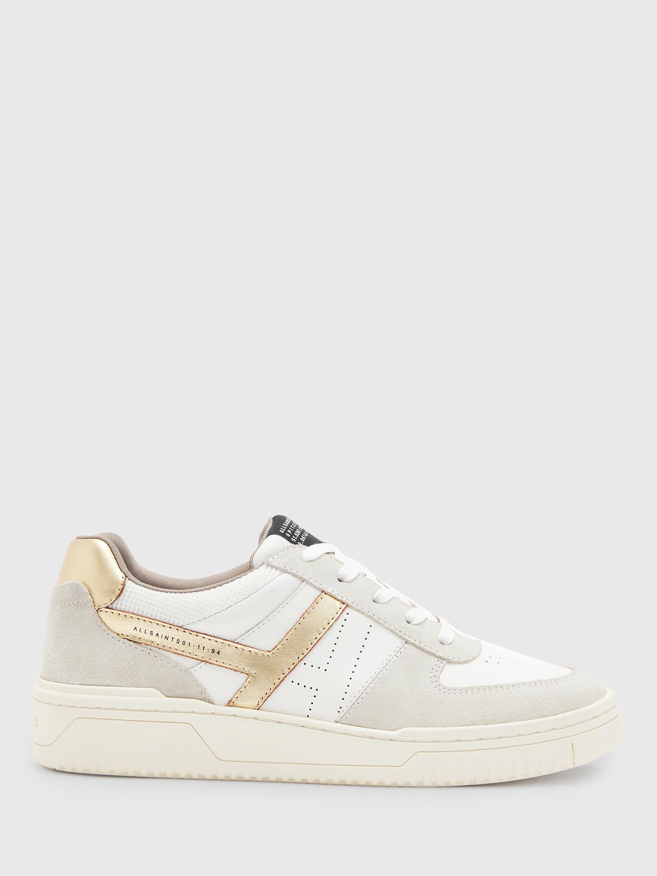 Product image 1 of 7, which shows AllSaints Vix Suede Lace Up Trainers, White/Gold, 2