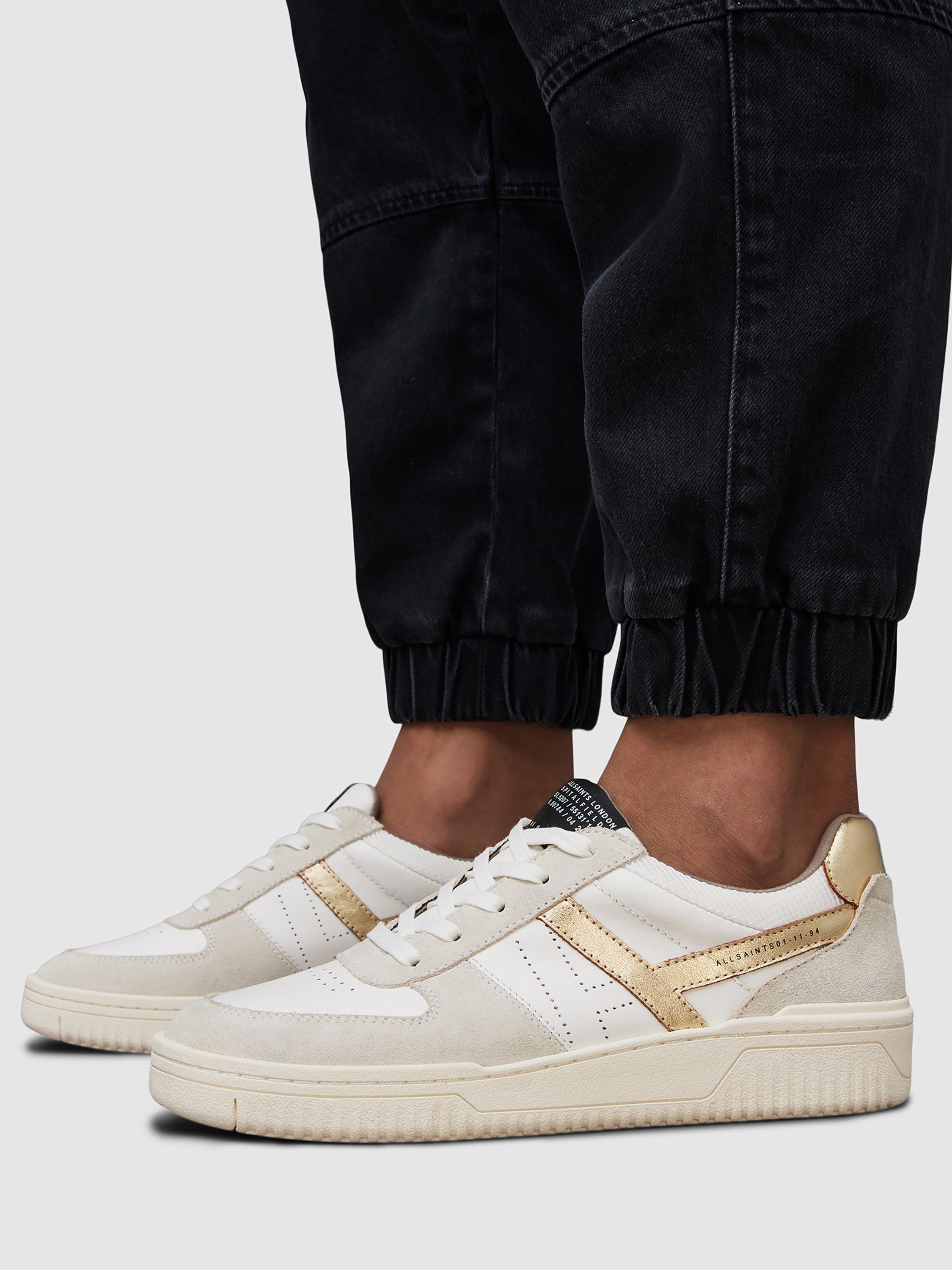 Product image 2 of 7, which shows AllSaints Vix Suede Lace Up Trainers, White/Gold, 2
