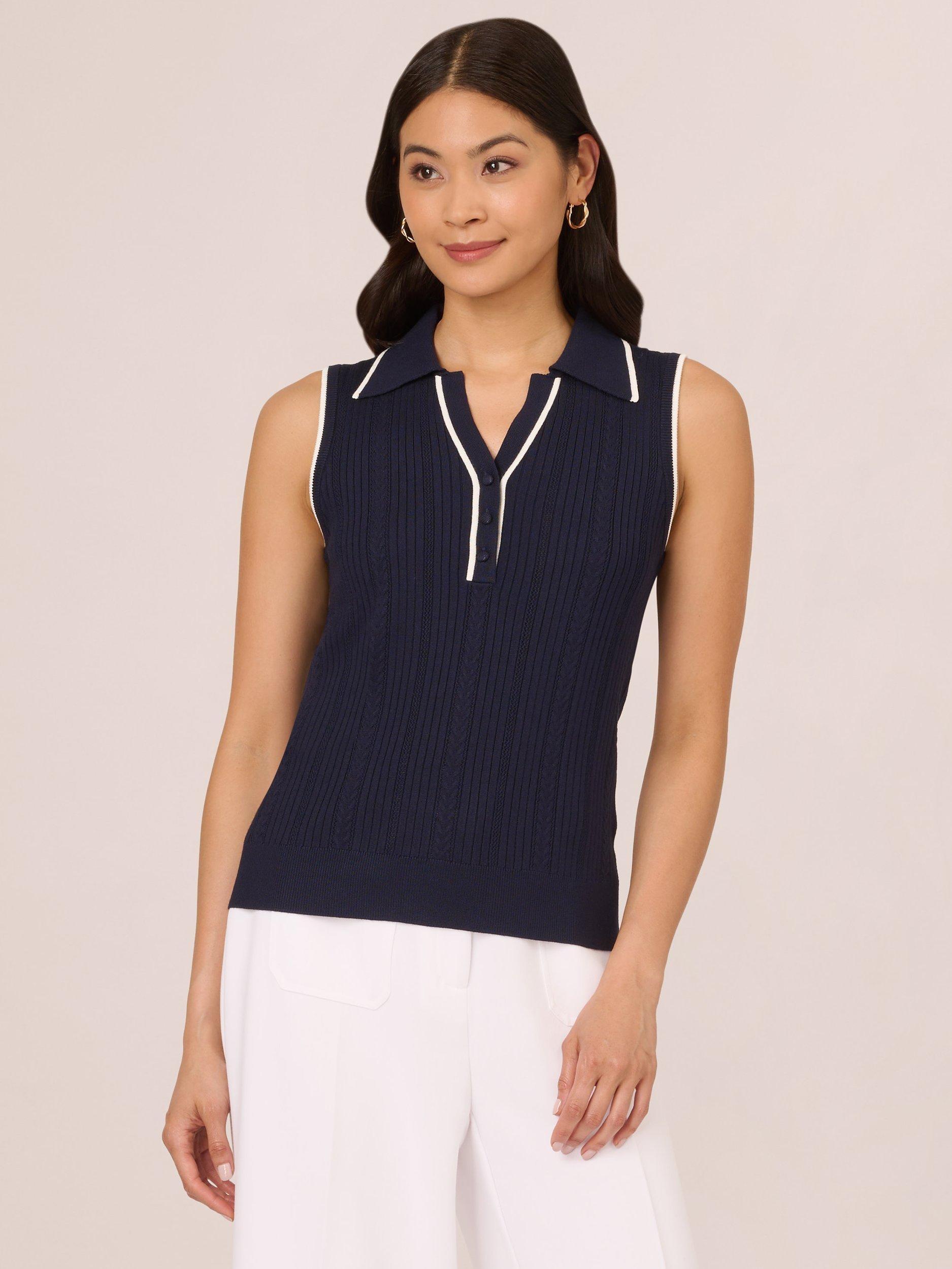Product image 1 of 7, which shows Adrianna Papell Rib Polo Knit Top, Blue/Ivory, L