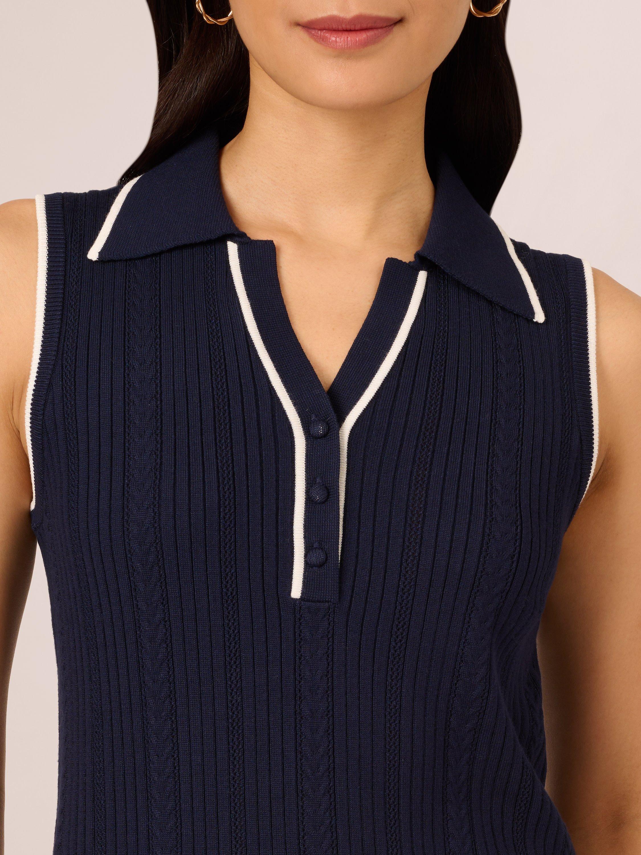 Product image 4 of 7, which shows Adrianna Papell Rib Polo Knit Top, Blue/Ivory, L