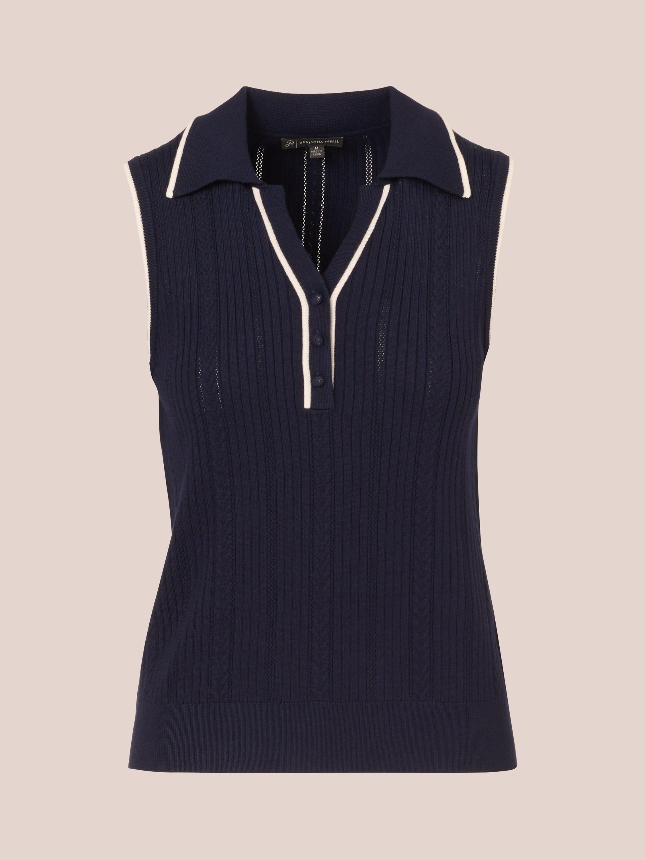 Product image 6 of 7, which shows Adrianna Papell Rib Polo Knit Top, Blue/Ivory, L
